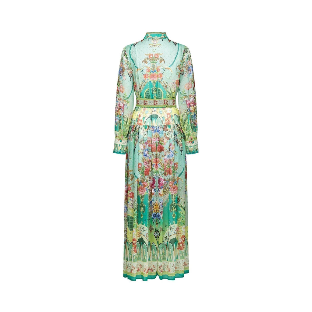 Silvia Floral Midi Dress Cinched Waist Long Sleeve with Flounce Hem & Pleats