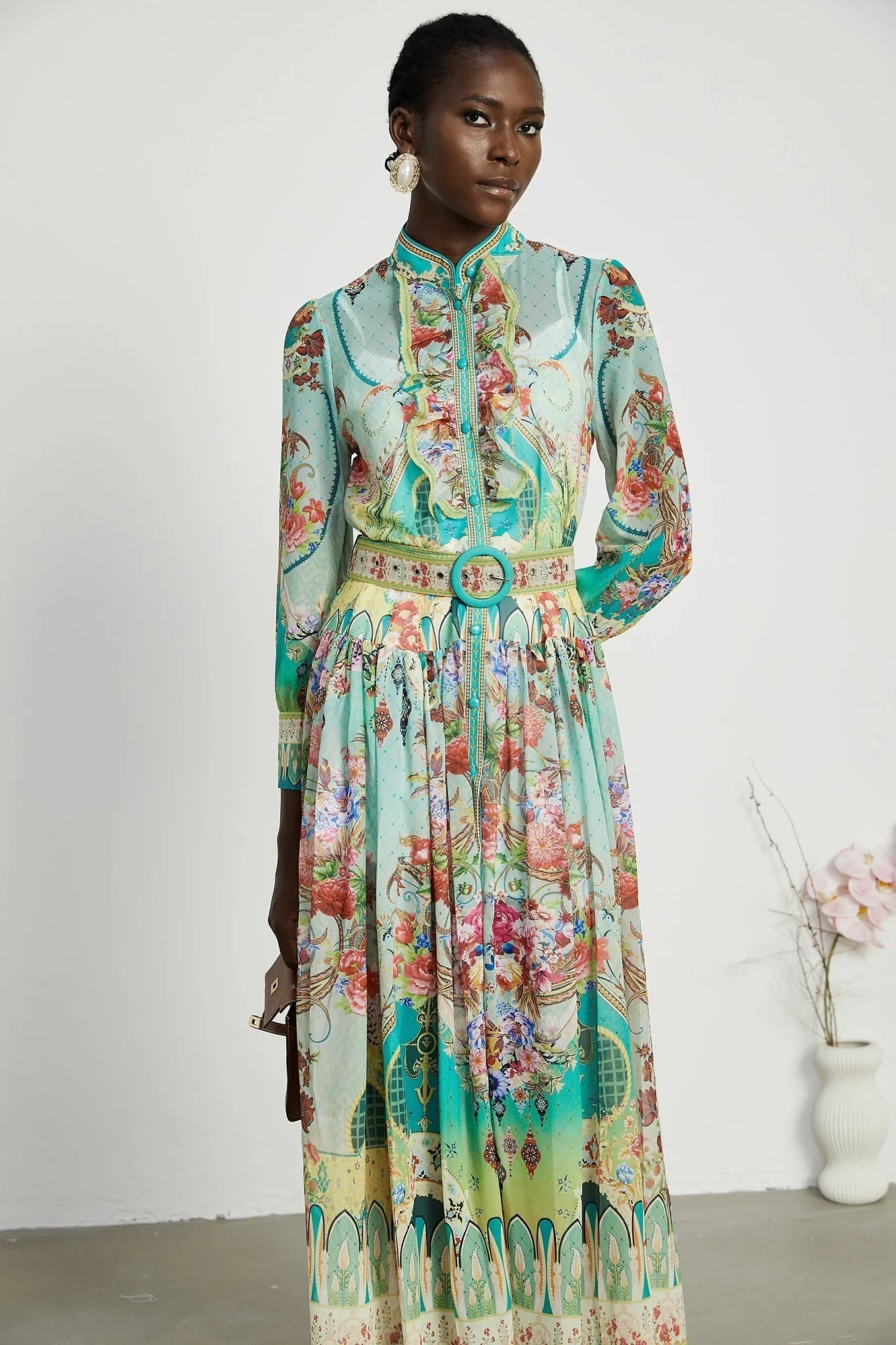 Silvia Floral Midi Dress Cinched Waist Long Sleeve with Flounce Hem & Pleats