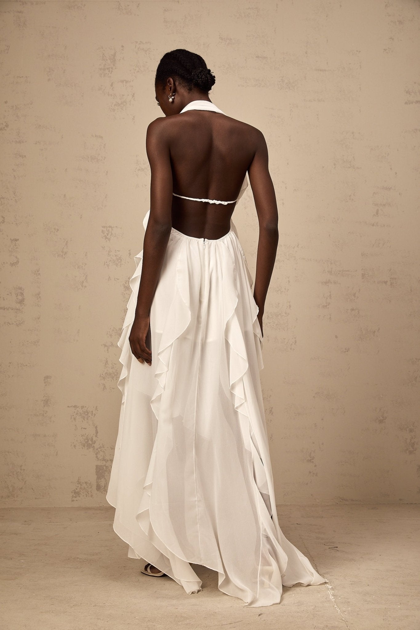 Silvia Maxi Dress - Halter Neck & Backless - White Chiffon with Ruffle Details
