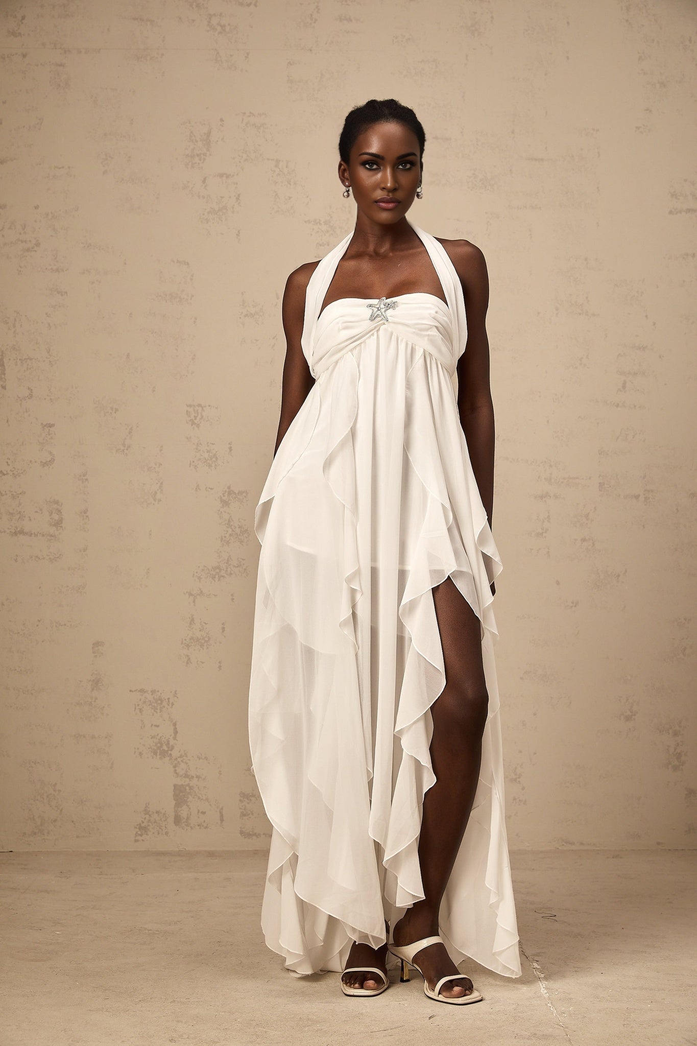 Silvia Maxi Dress - Halter Neck & Backless - White Chiffon with Ruffle Details
