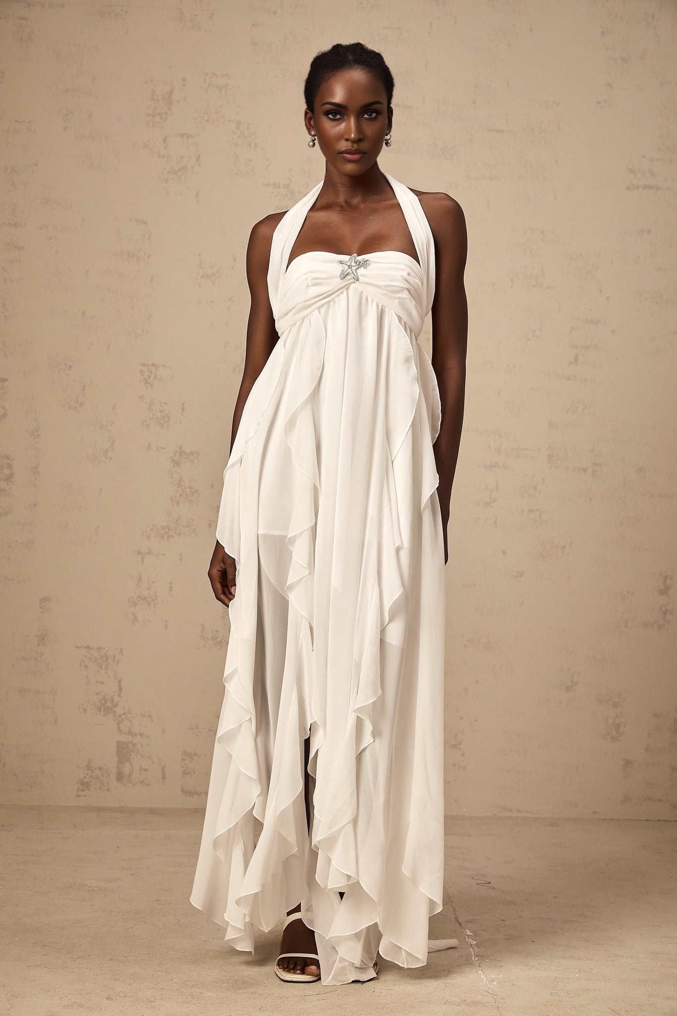 Silvia Maxi Dress - Halter Neck & Backless - White Chiffon with Ruffle Details