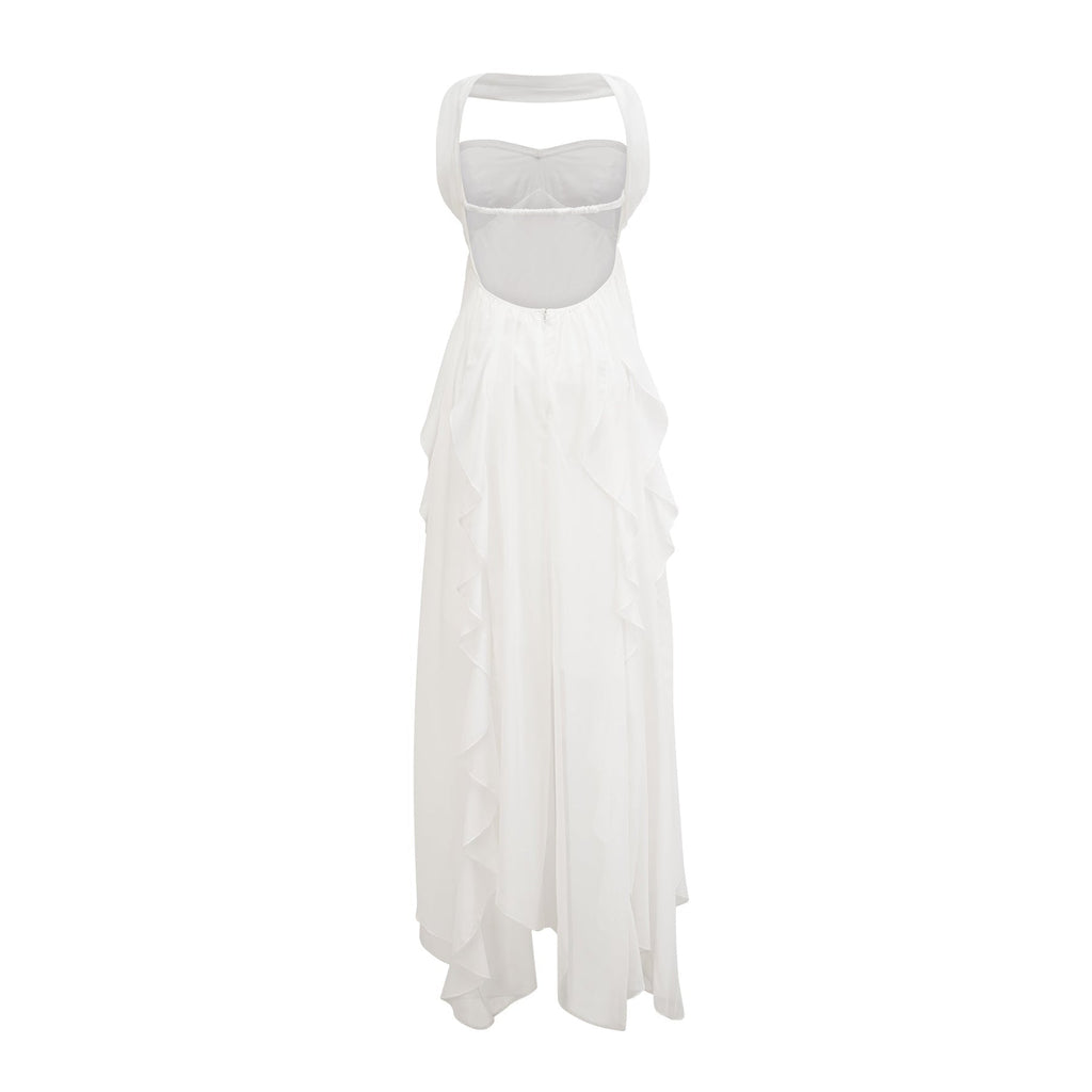 Silvia Maxi Dress - Halter Neck & Backless - White Chiffon with Ruffle Details