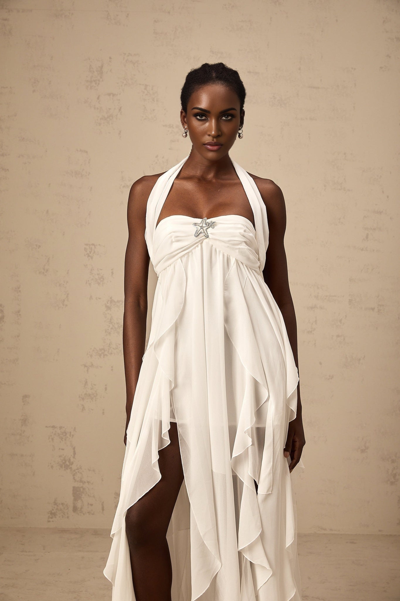 Silvia Maxi Dress - Halter Neck & Backless - White Chiffon with Ruffle Details