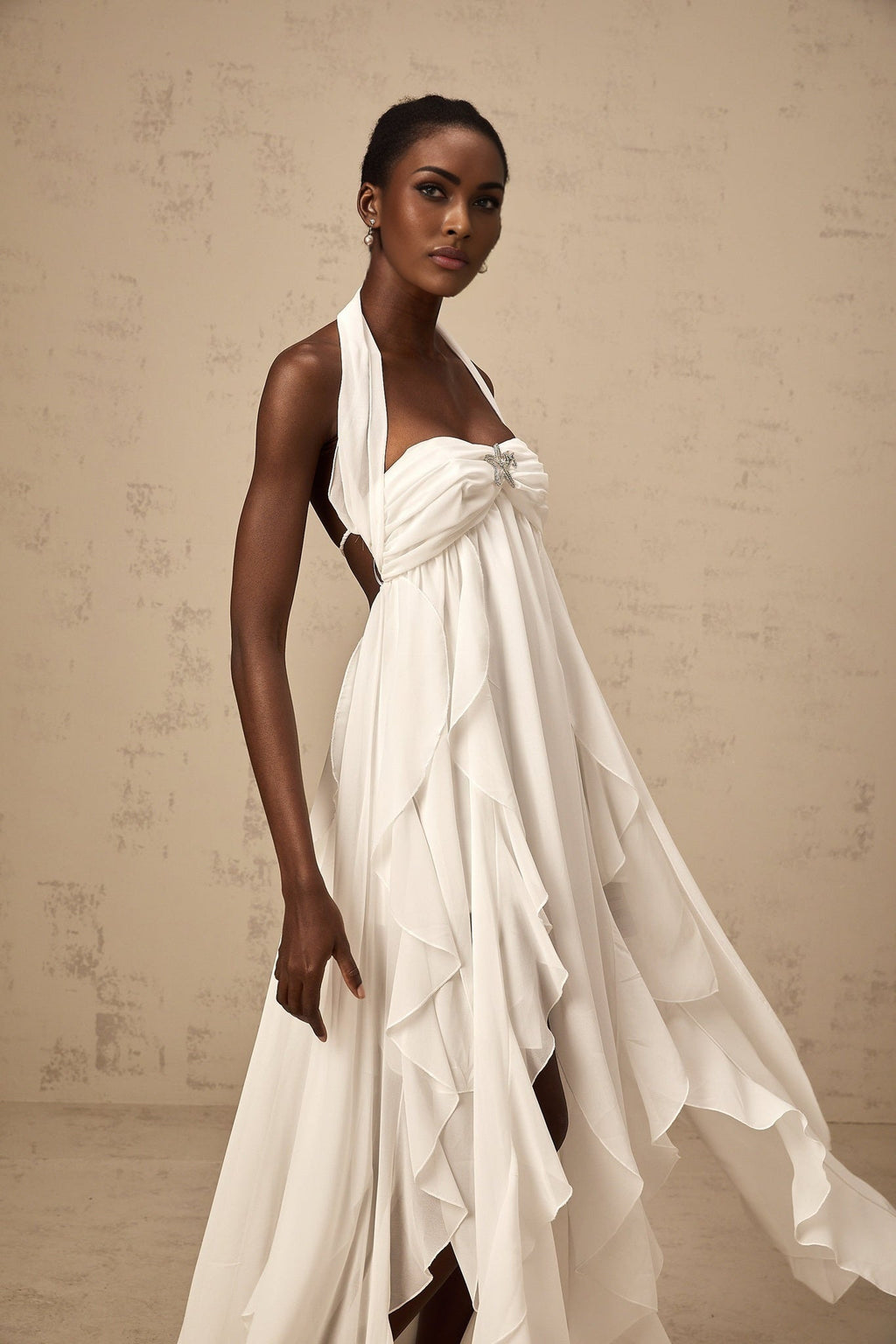 Silvia Maxi Dress - Halter Neck & Backless - White Chiffon with Ruffle Details