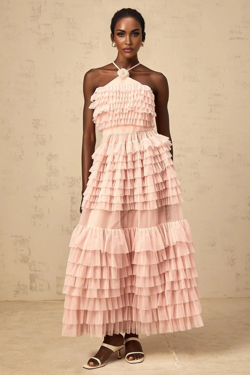 Silvia Maxi Dress Pink Petal - Brooch & Ruffled Tulle Tiered