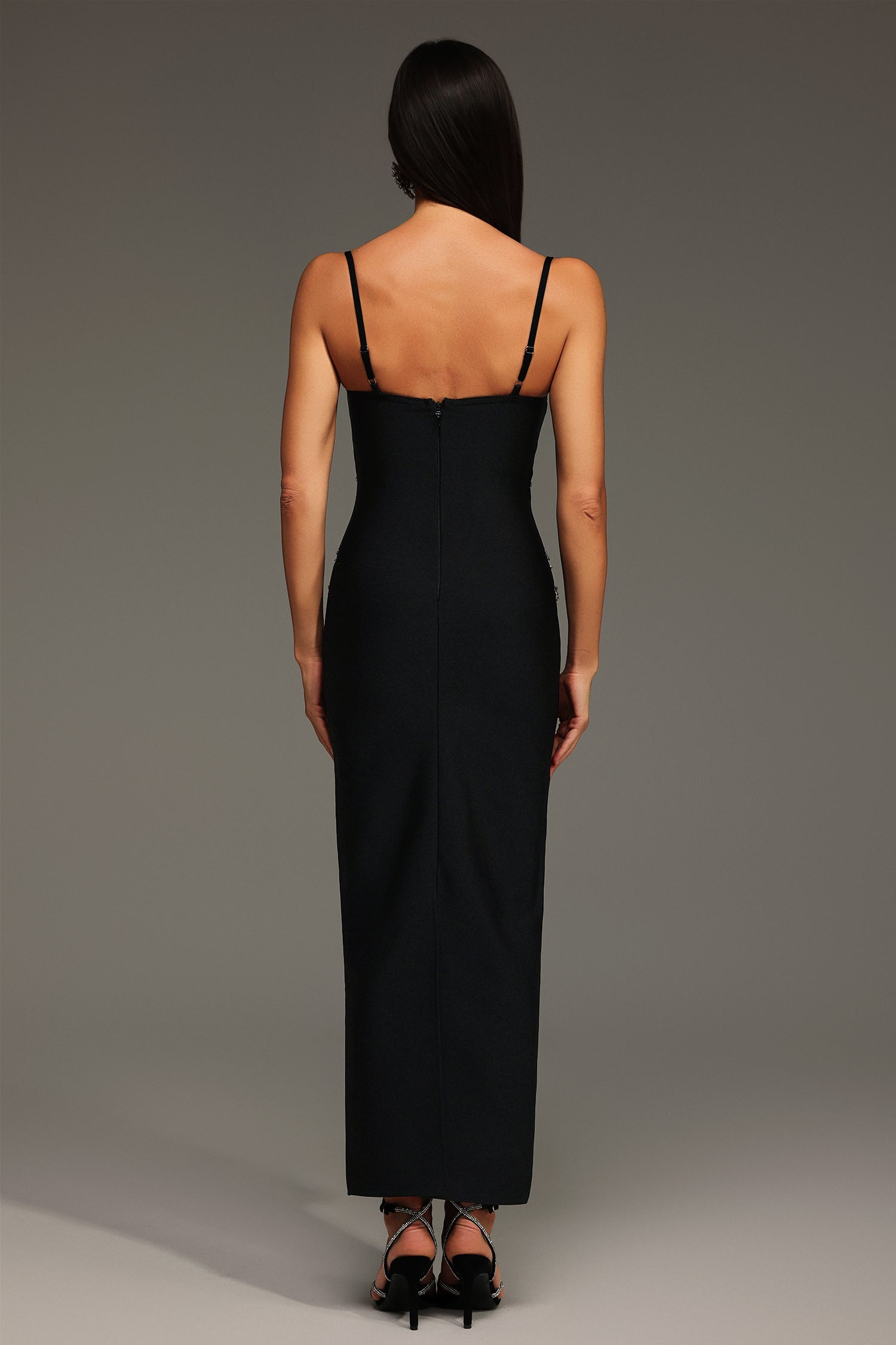 Simona Black Diamond V-Neck Sleeveless Dress with Shimmering Embellishments