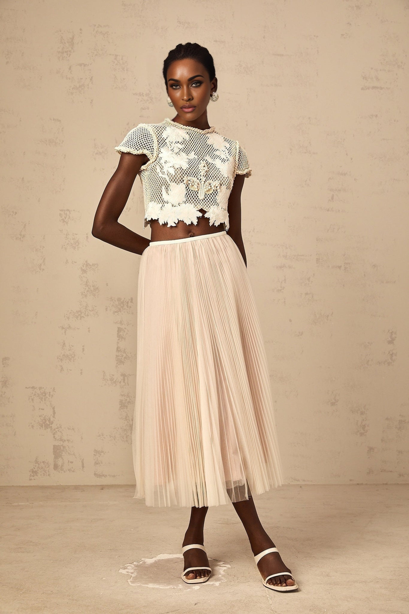 Simona Floral Appliqué Skirt & White Top Set