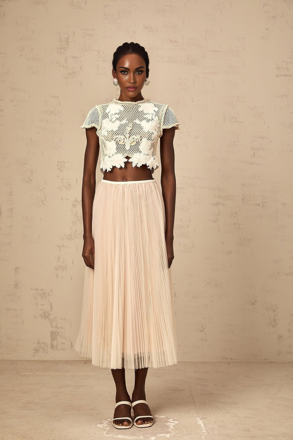 Simona Floral Appliqué Skirt & White Top Set