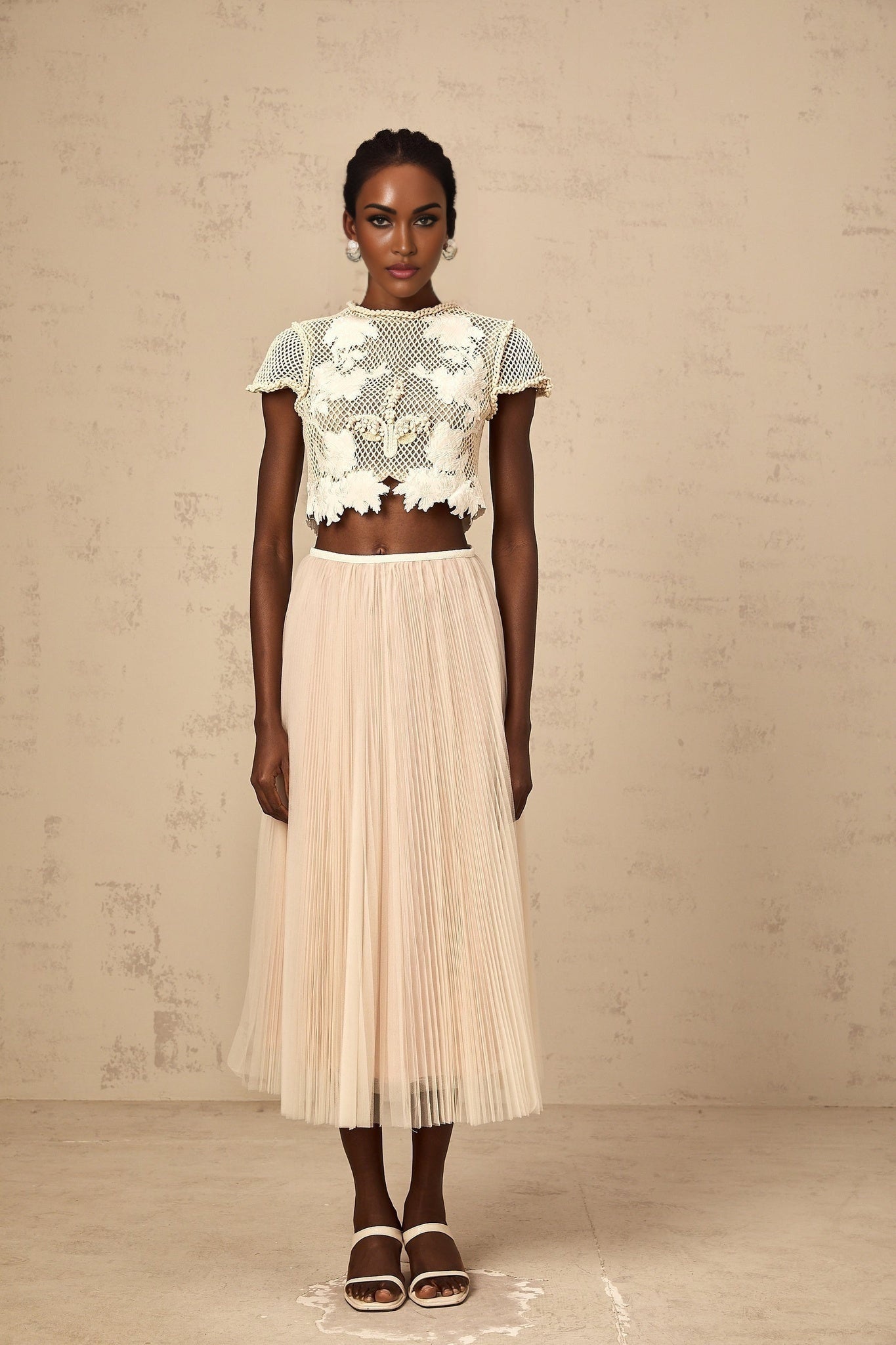 Simona Floral Appliqué Skirt & White Top Set