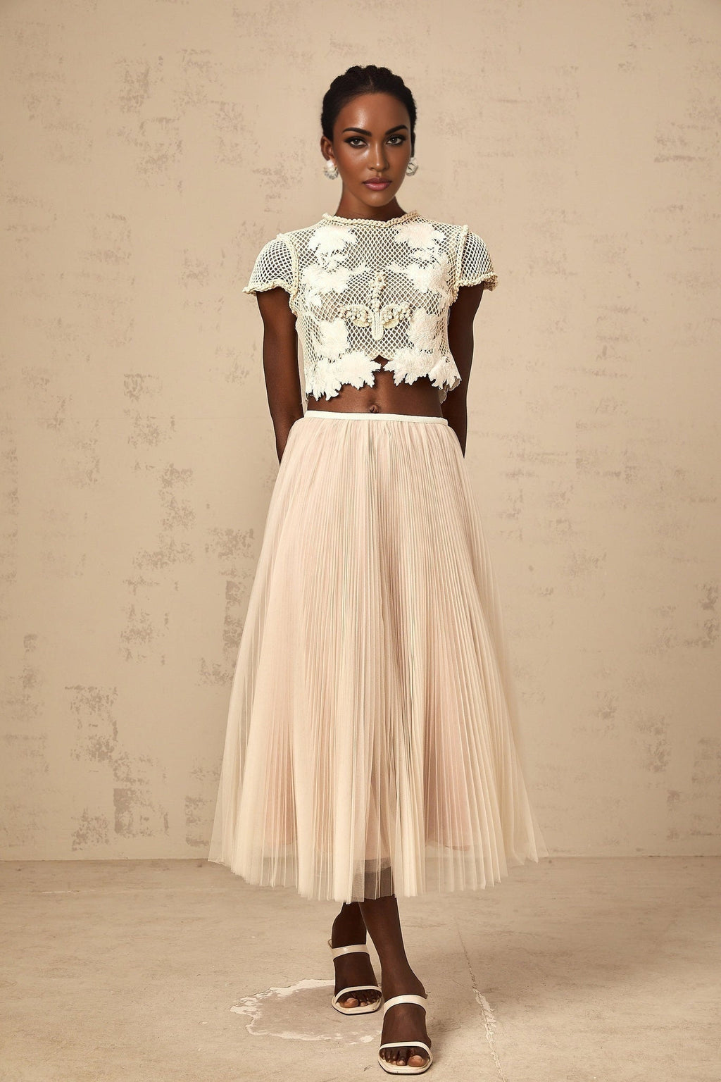 Simona Floral Appliqué Skirt & White Top Set
