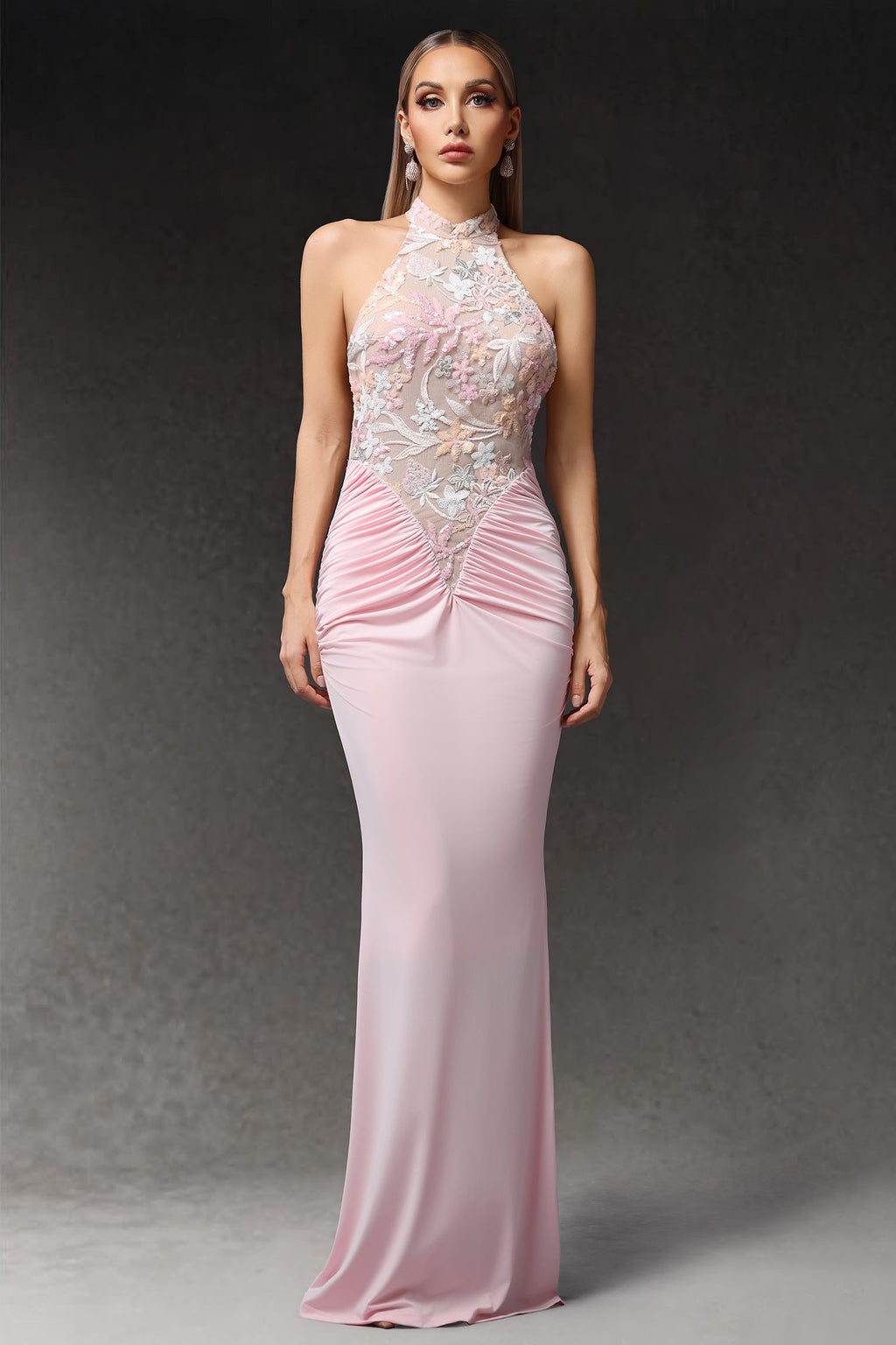 Simona Pink Halter Neckline Floral Embroidered Maxi Dress