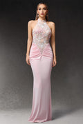 Simona Pink Halter Neckline Floral Embroidered Maxi Dress
