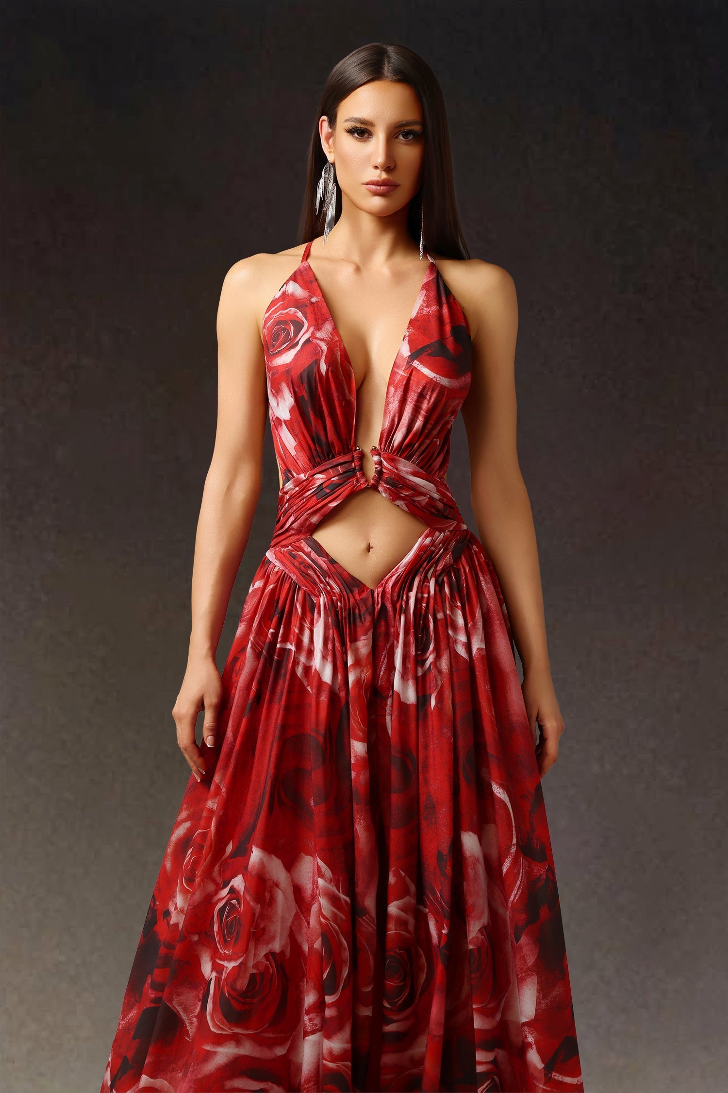 Simona Red Floral Print Halter Slit Dress