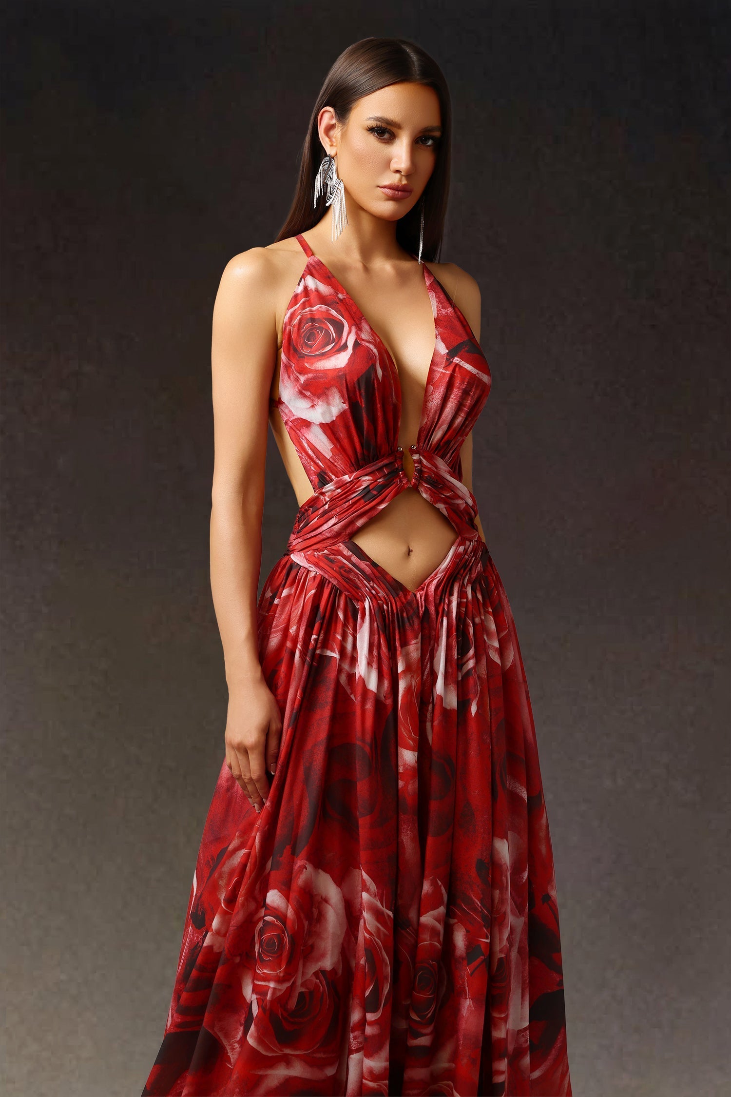 Simona Red Floral Print Halter Slit Dress