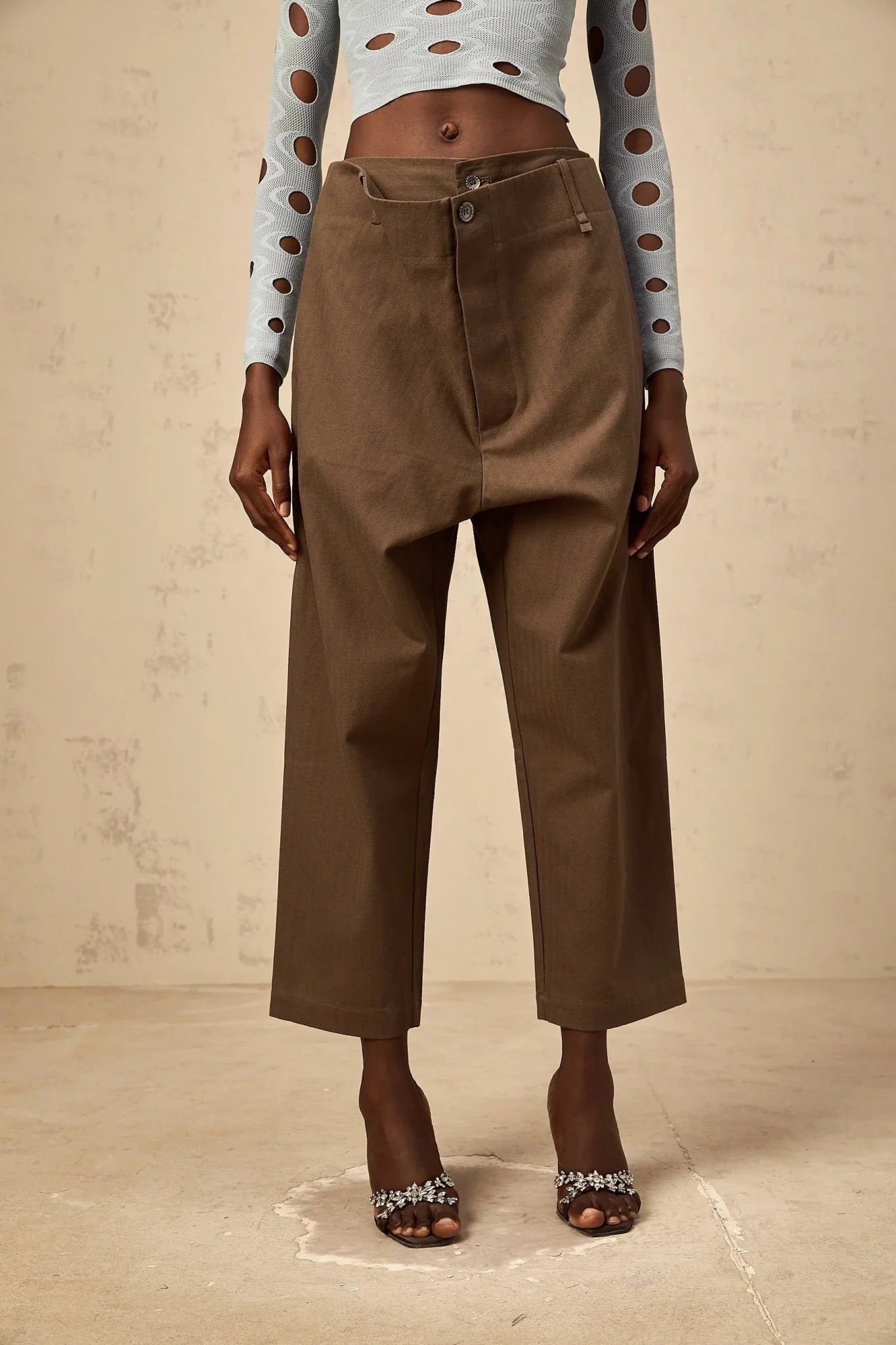 Simona Trousers with Modern Cutout Design in Brown