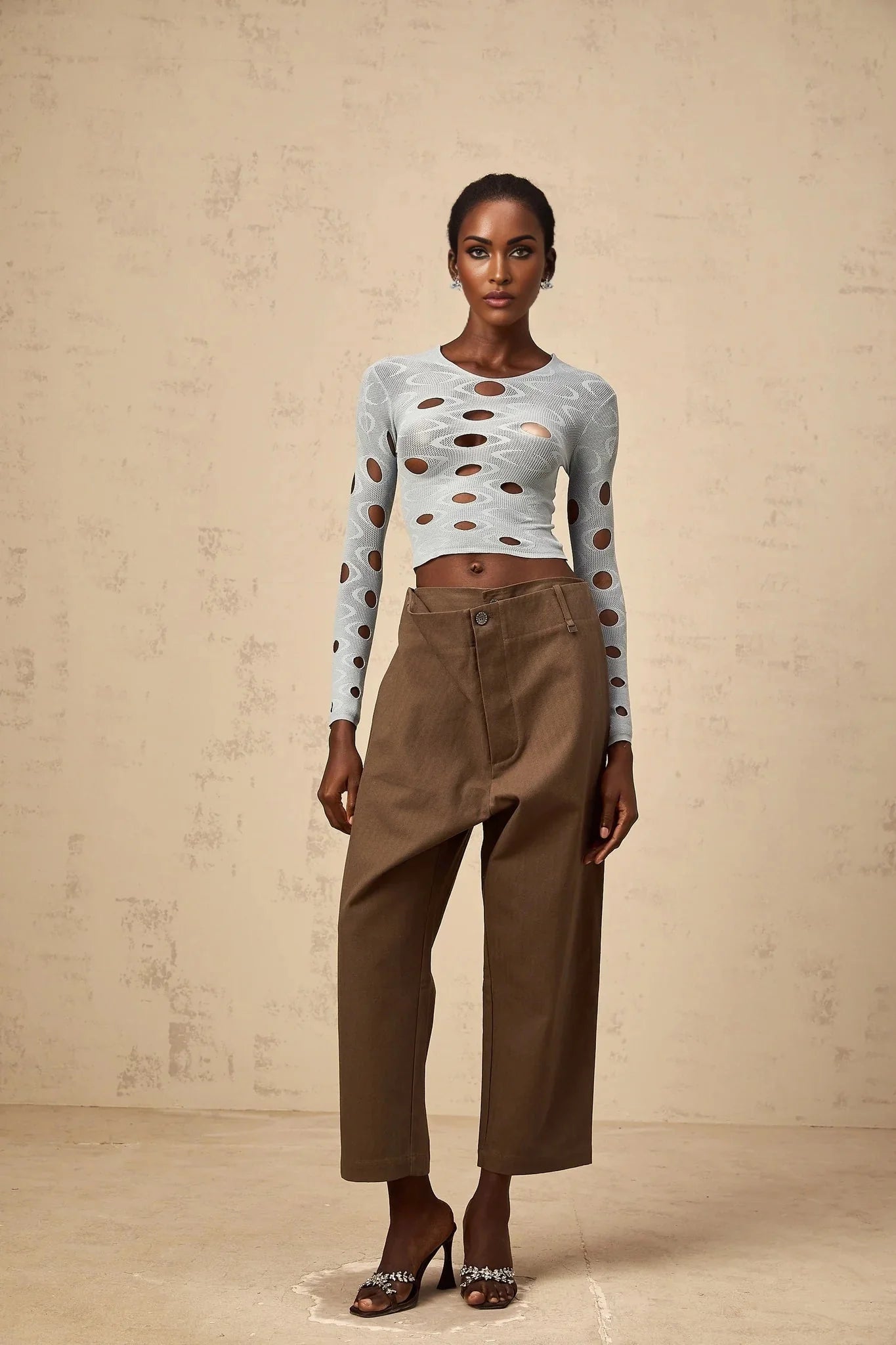 Simona Trousers with Modern Cutout Design in Brown