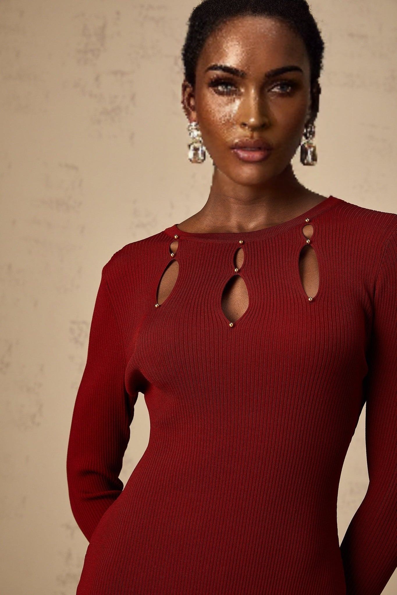 Simonetta Long Sleeve Midi Dress in Vibrant Red with Beaded Detail & Unique CutOuts