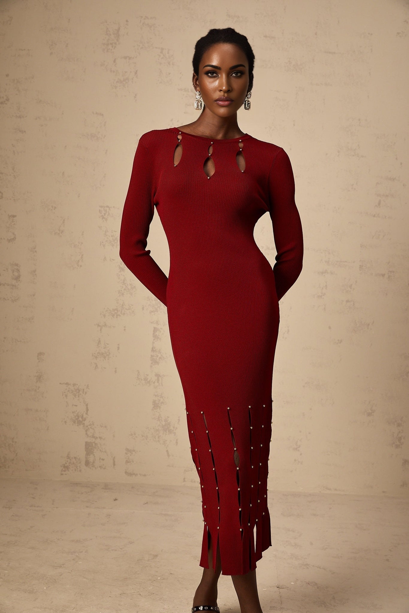 Simonetta Long Sleeve Midi Dress in Vibrant Red with Beaded Detail & Unique CutOuts