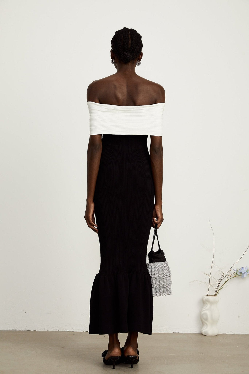 Simonetta Maxi Dress in Black & White with Crystal Embellished Bow Details