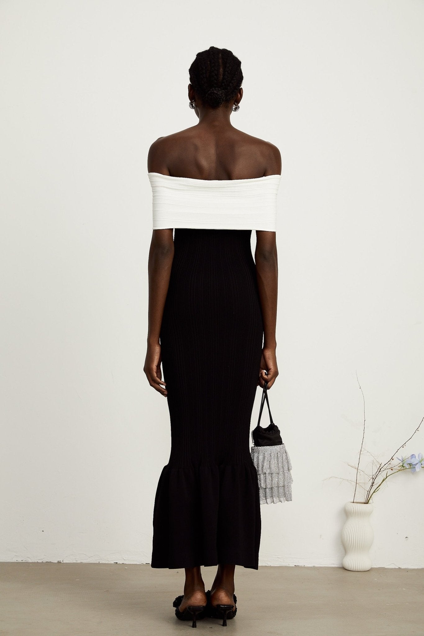 Simonetta Maxi Dress in Black & White with Crystal Embellished Bow Details