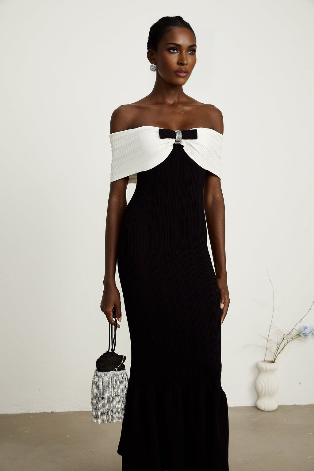 Simonetta Maxi Dress in Black & White with Crystal Embellished Bow Details