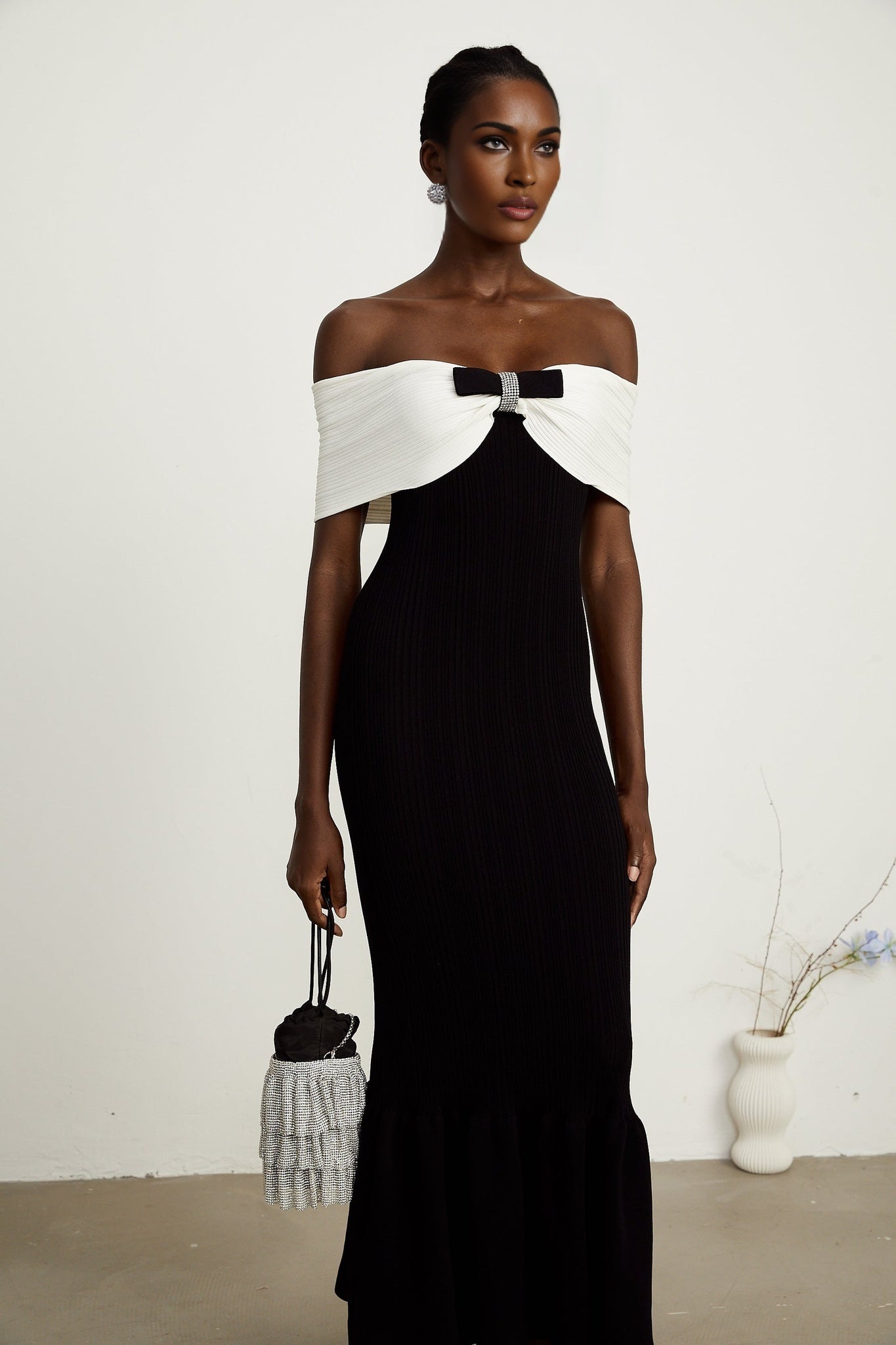 Simonetta Maxi Dress in Black & White with Crystal Embellished Bow Details