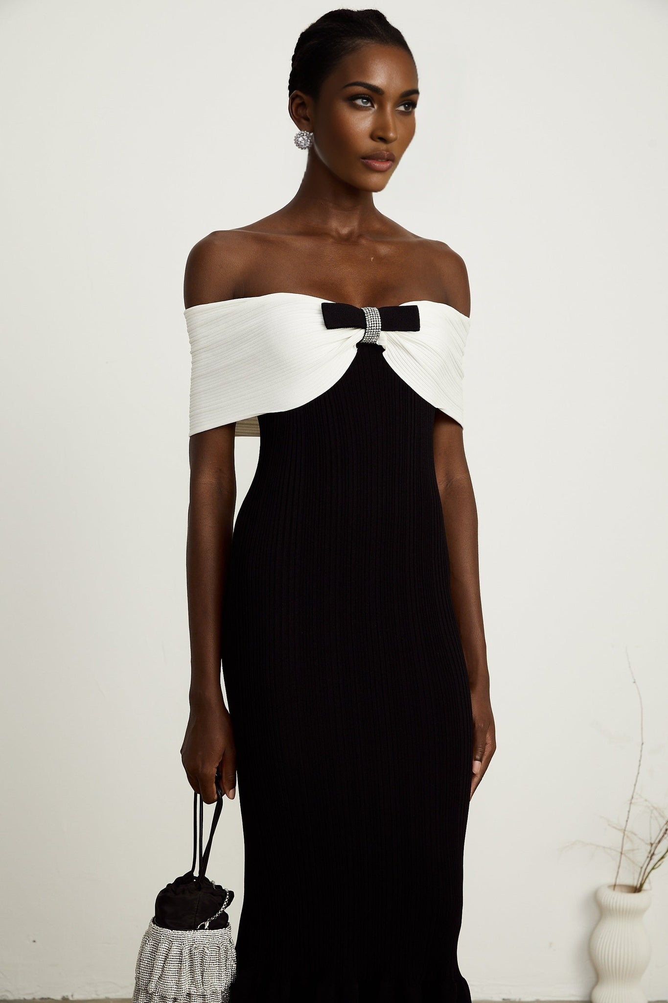 Simonetta Maxi Dress in Black & White with Crystal Embellished Bow Details