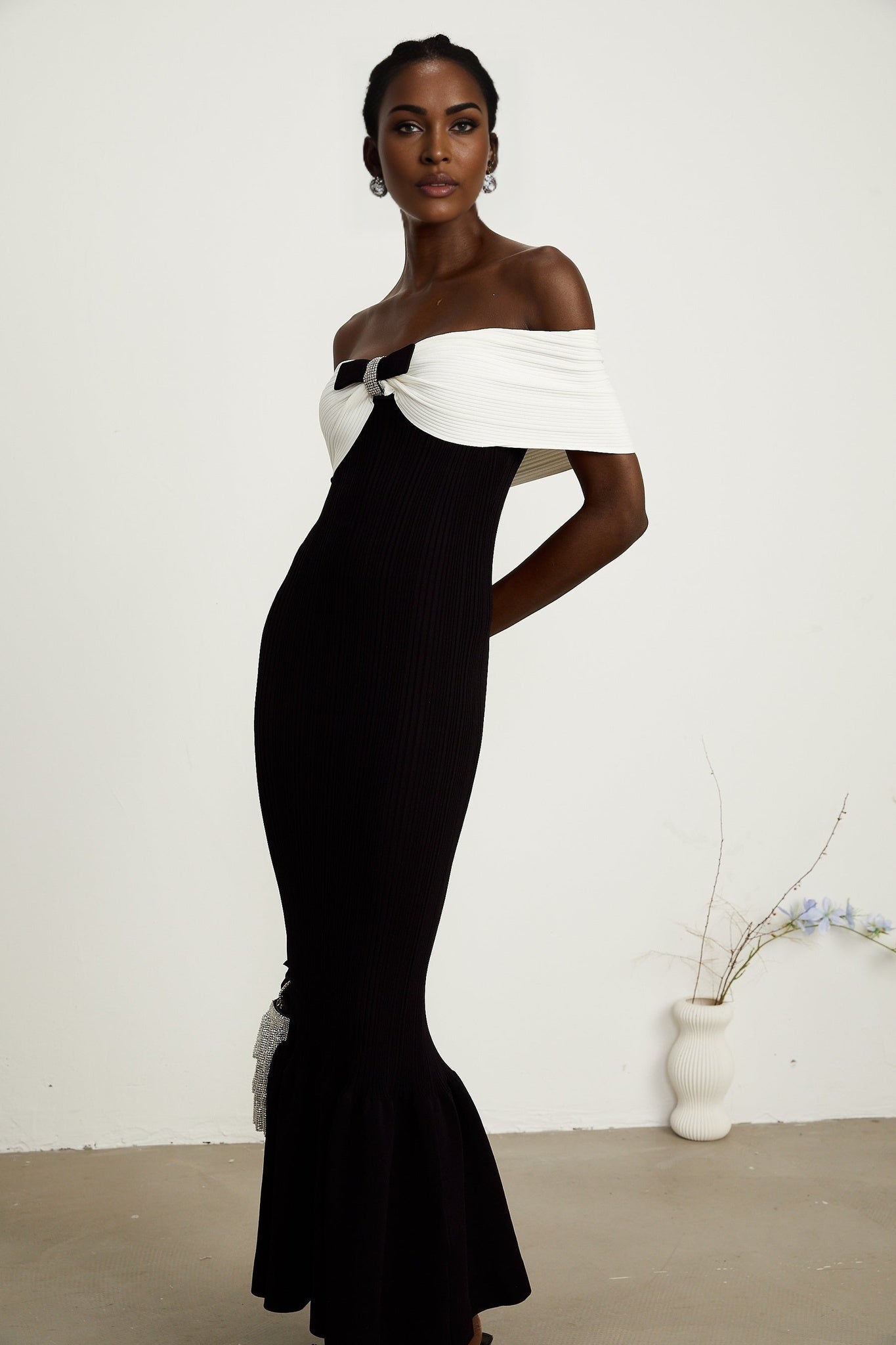 Simonetta Maxi Dress in Black & White with Crystal Embellished Bow Details