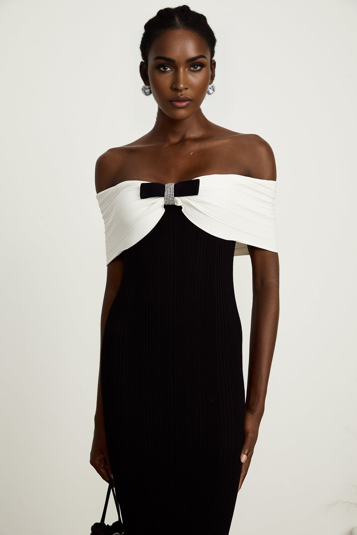 Simonetta Maxi Dress in Black & White with Crystal Embellished Bow Details