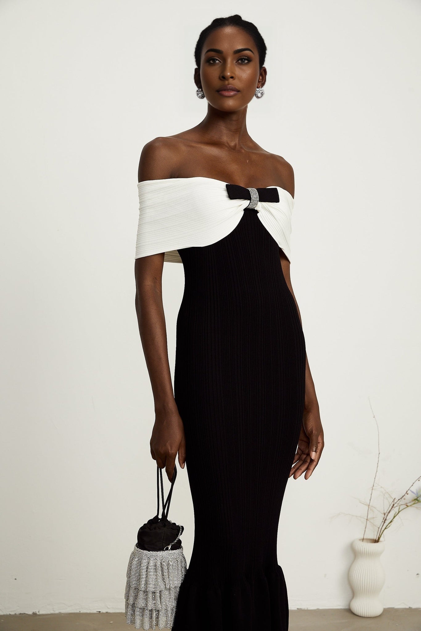 Simonetta Maxi Dress in Black & White with Crystal Embellished Bow Details