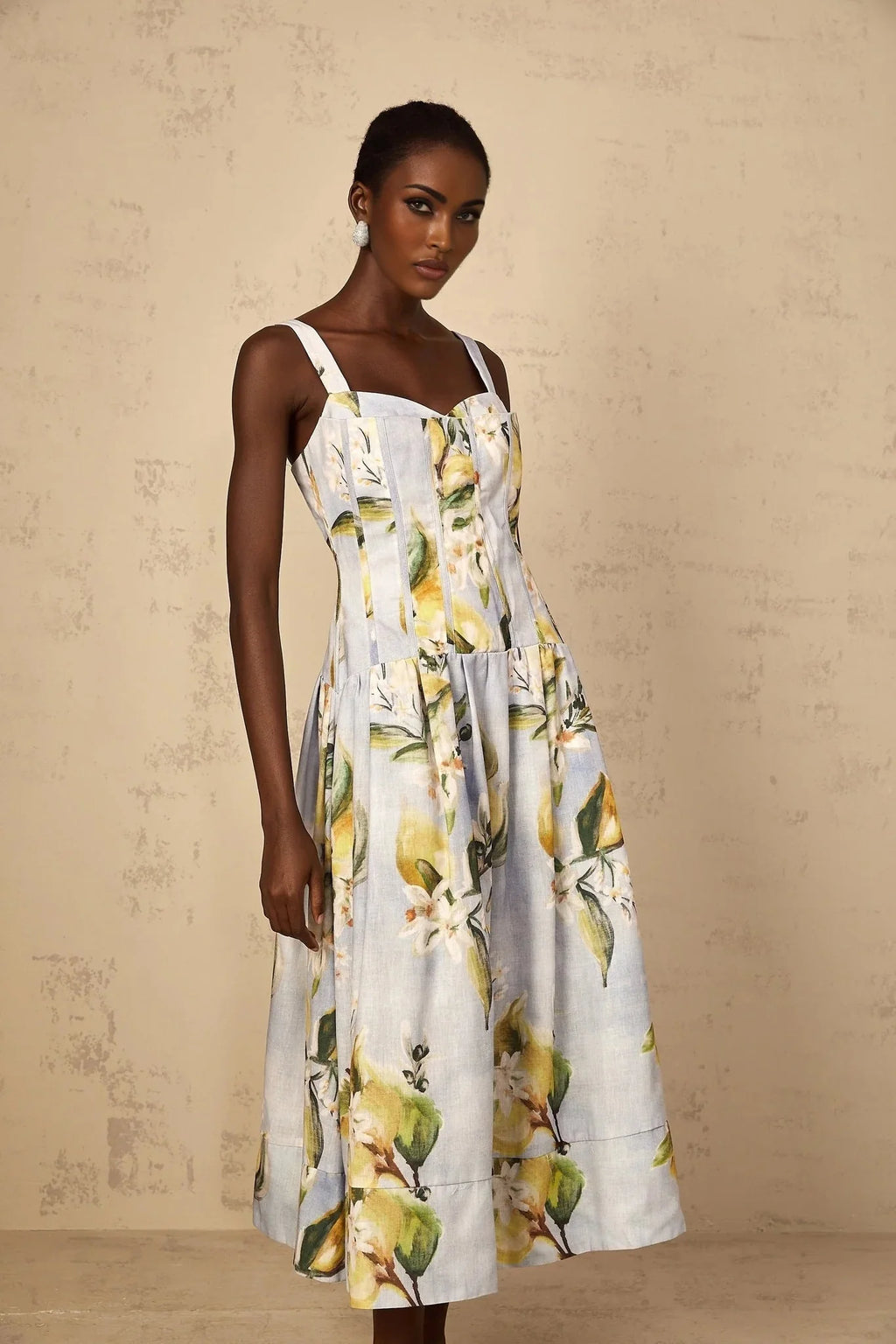 Simonetta Midi Dress Blue Floral Shirred Panel Zip Fastening