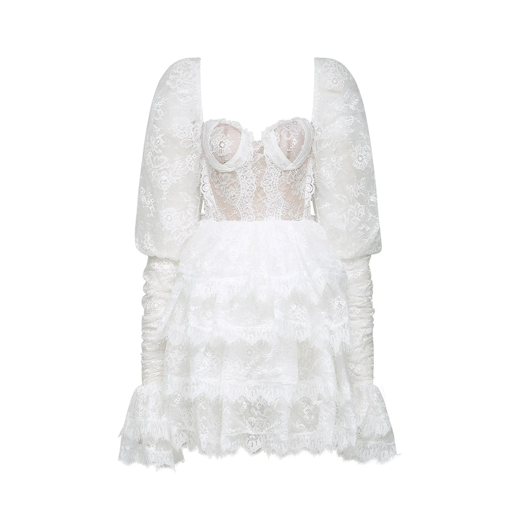 Simonetta Mini Dress Simonetta Lace Trim Puff Sleeve White Flounce