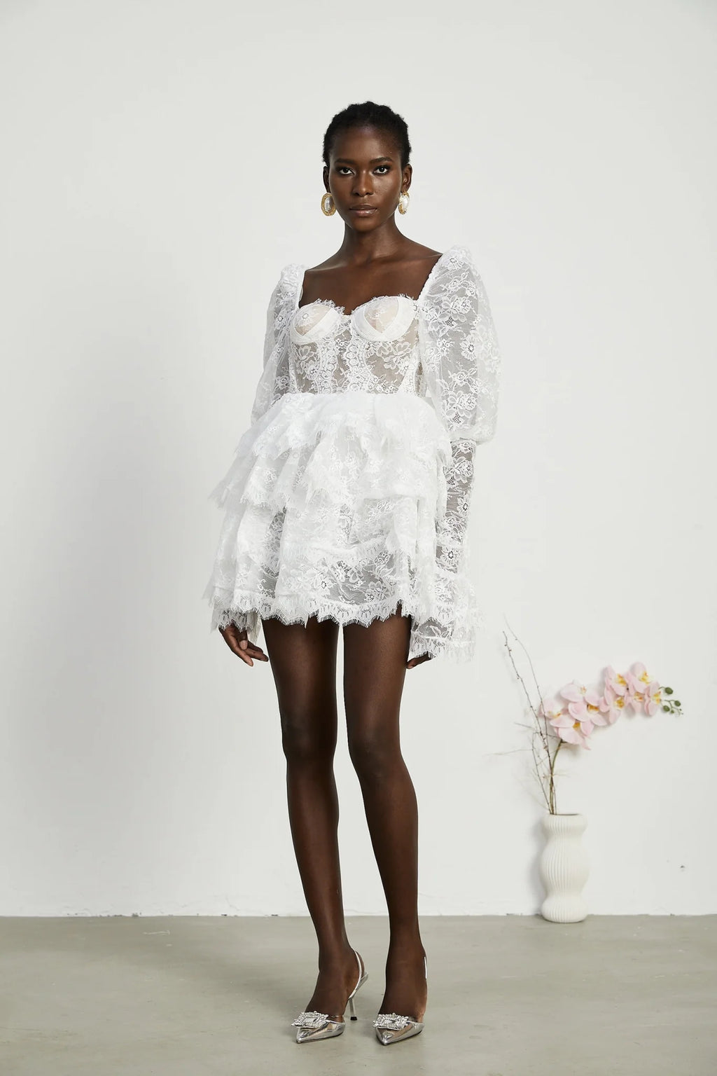 Simonetta Mini Dress Simonetta Lace Trim Puff Sleeve White Flounce