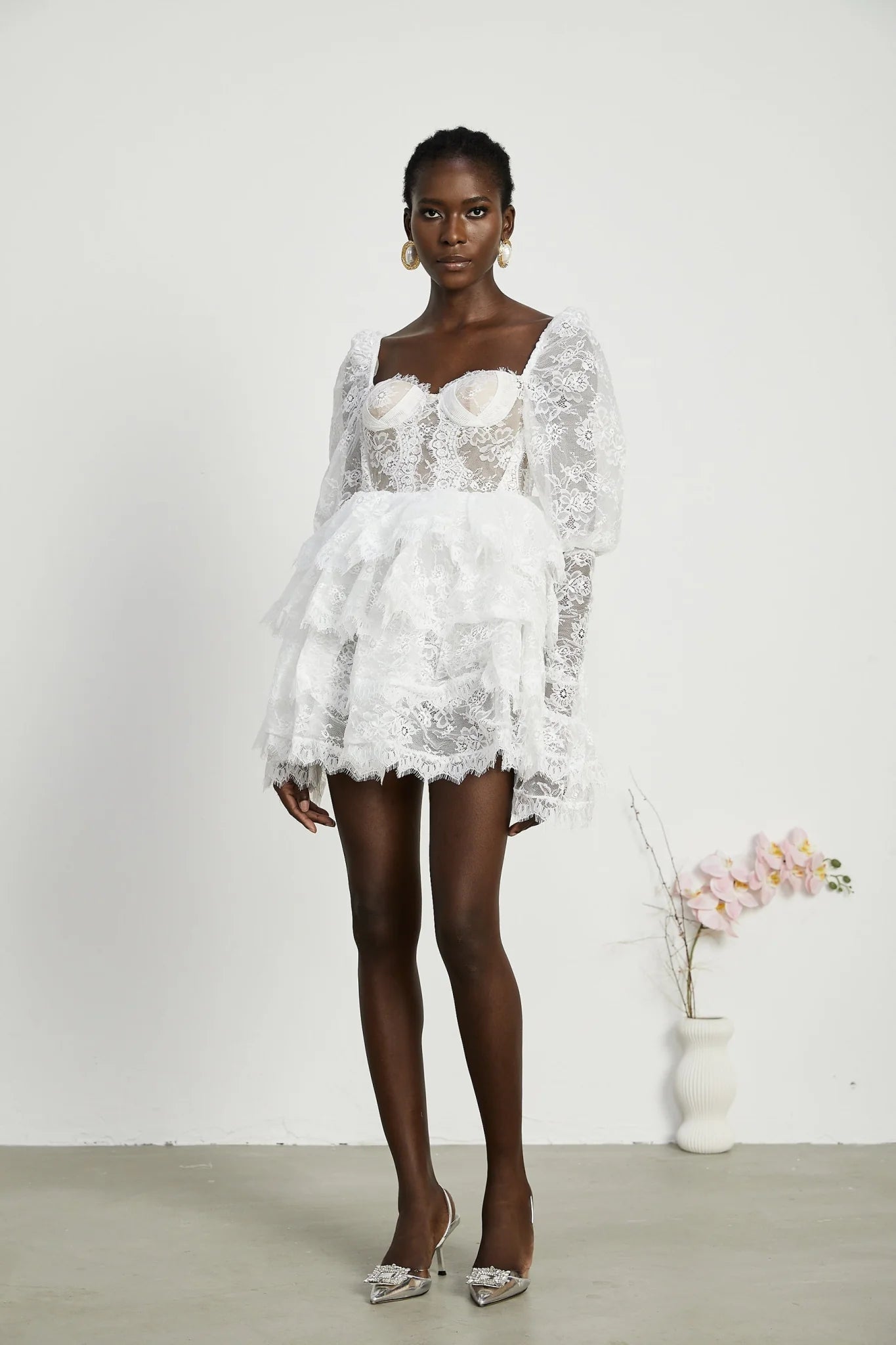 Simonetta Mini Dress Simonetta Lace Trim Puff Sleeve White Flounce