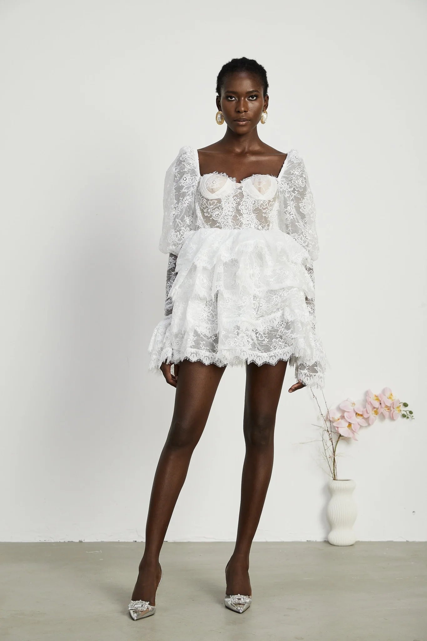 Simonetta Mini Dress Simonetta Lace Trim Puff Sleeve White Flounce