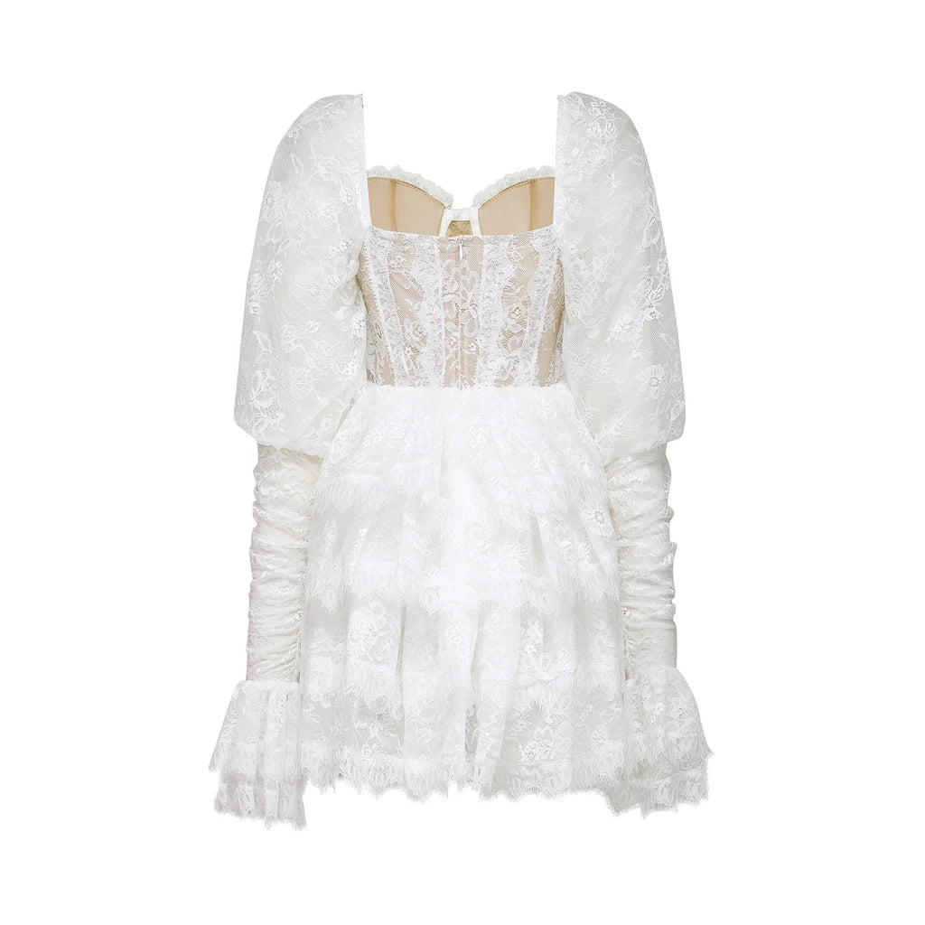 Simonetta Mini Dress Simonetta Lace Trim Puff Sleeve White Flounce