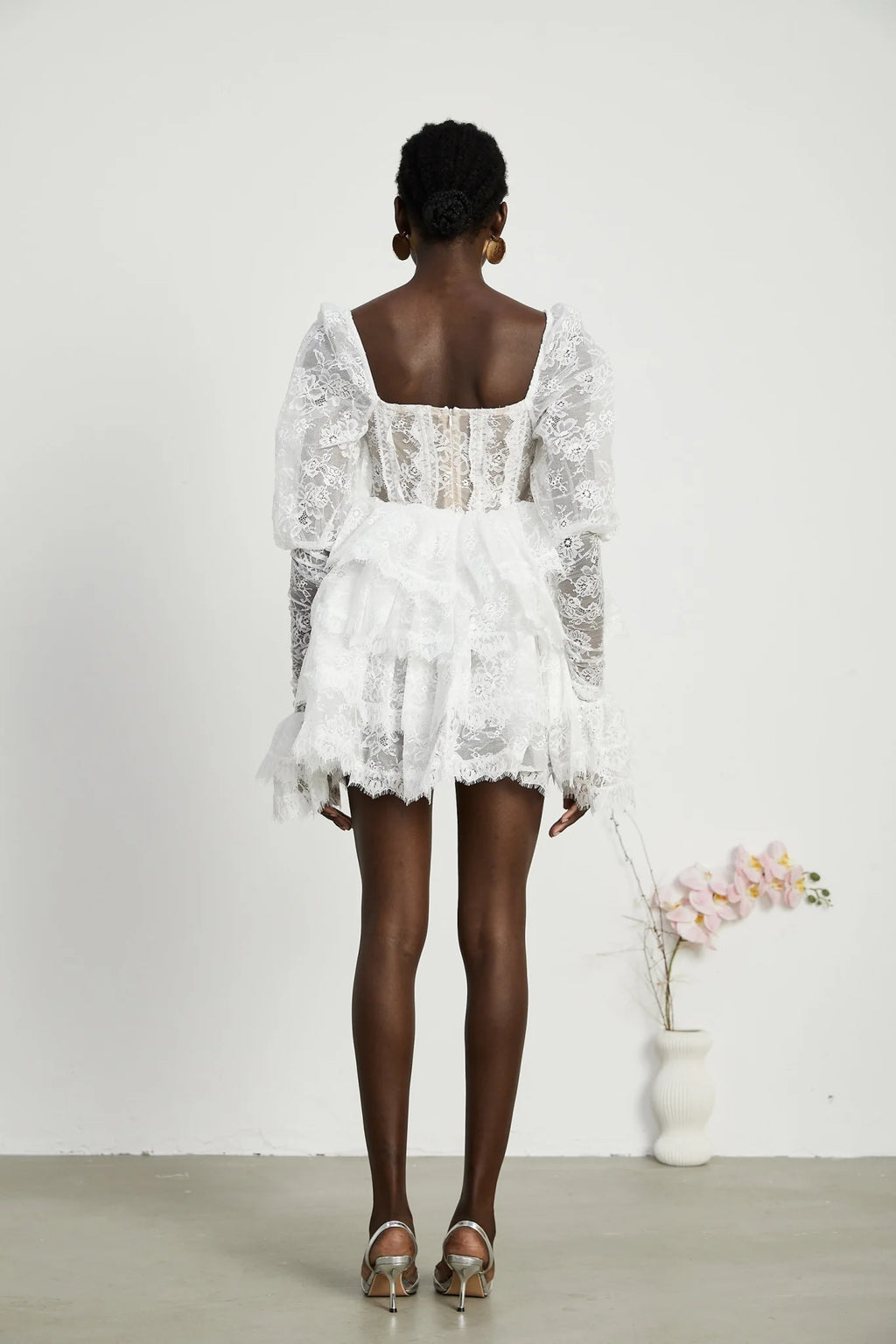 Simonetta Mini Dress Simonetta Lace Trim Puff Sleeve White Flounce
