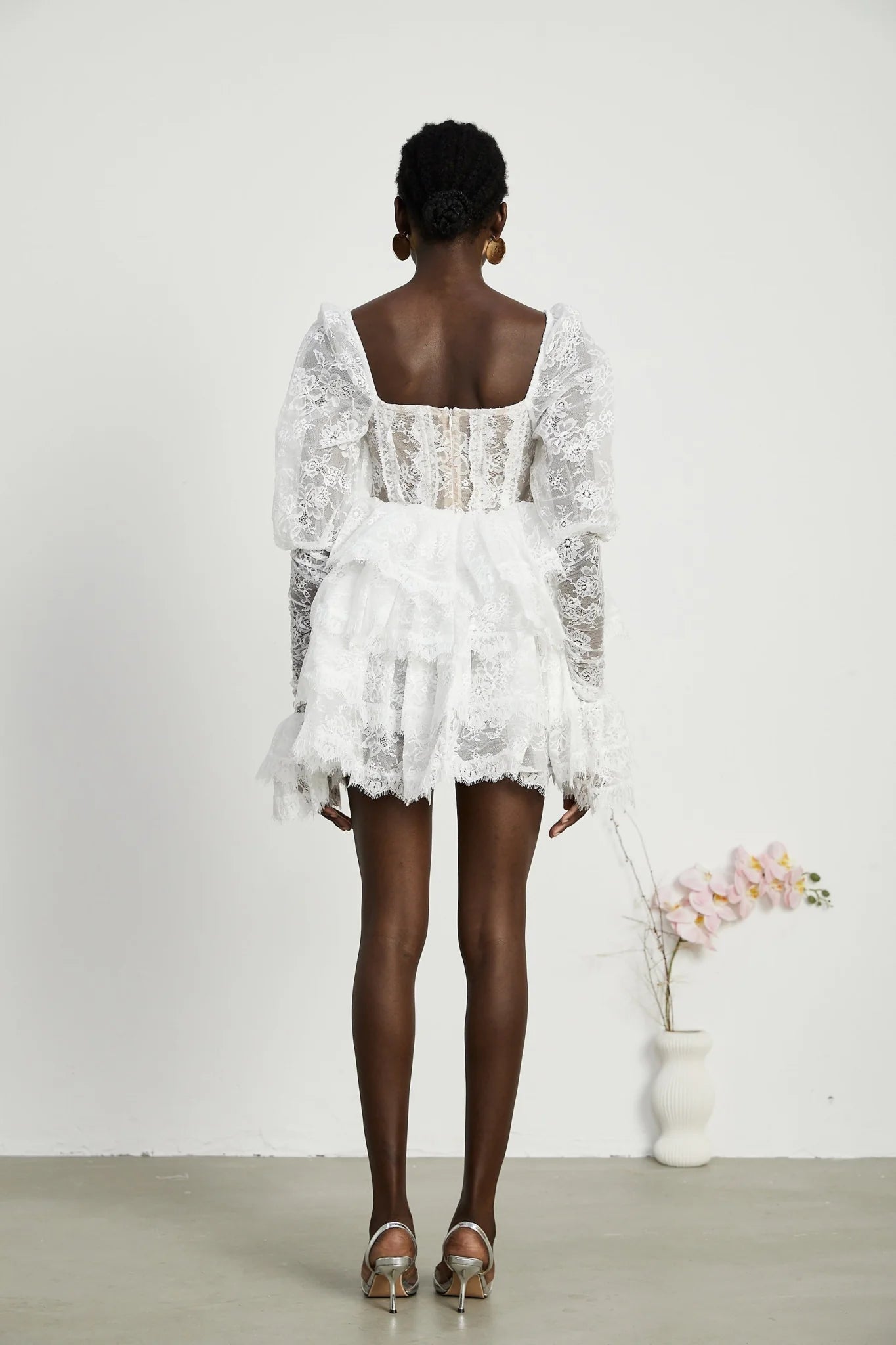 Simonetta Mini Dress Simonetta Lace Trim Puff Sleeve White Flounce