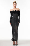 Skye Black Off-Shoulder Maxi Dress with Crystal Embellishments and Floral Mesh Design