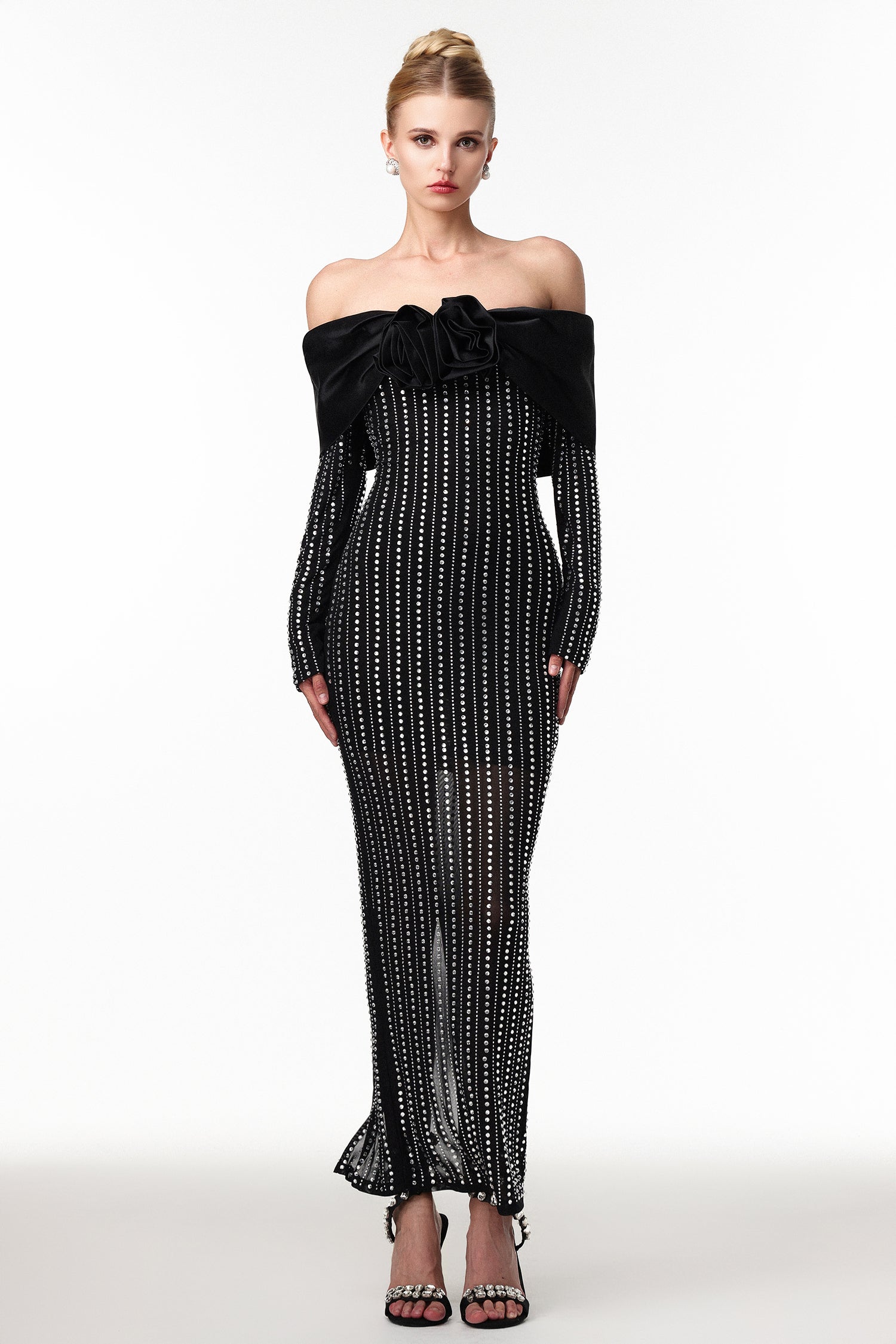 Skye Black Off-Shoulder Maxi Dress with Crystal Embellishments and Floral Mesh Design