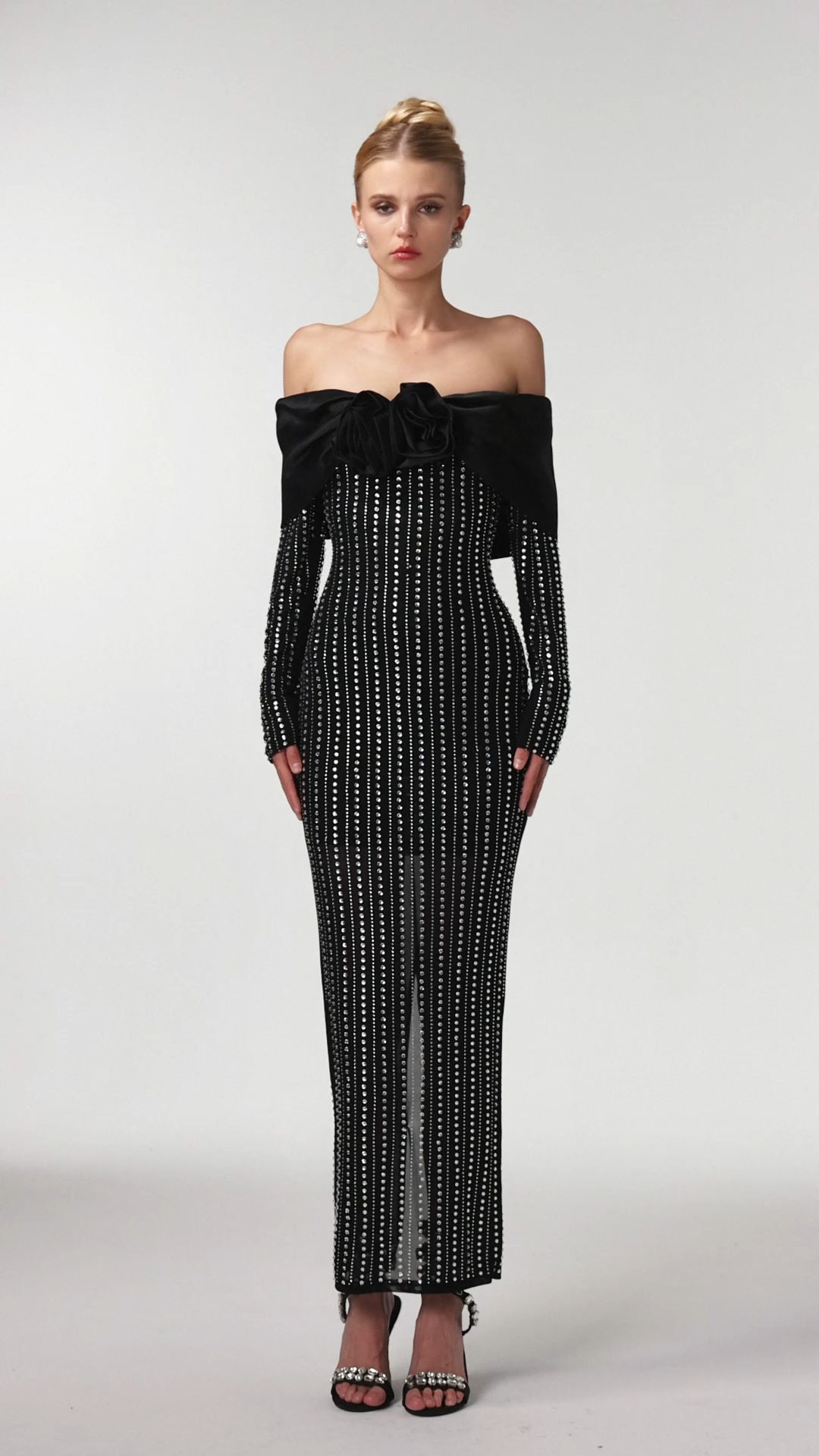 Skye Black Off-Shoulder Maxi Dress with Crystal Embellishments and Floral Mesh Design