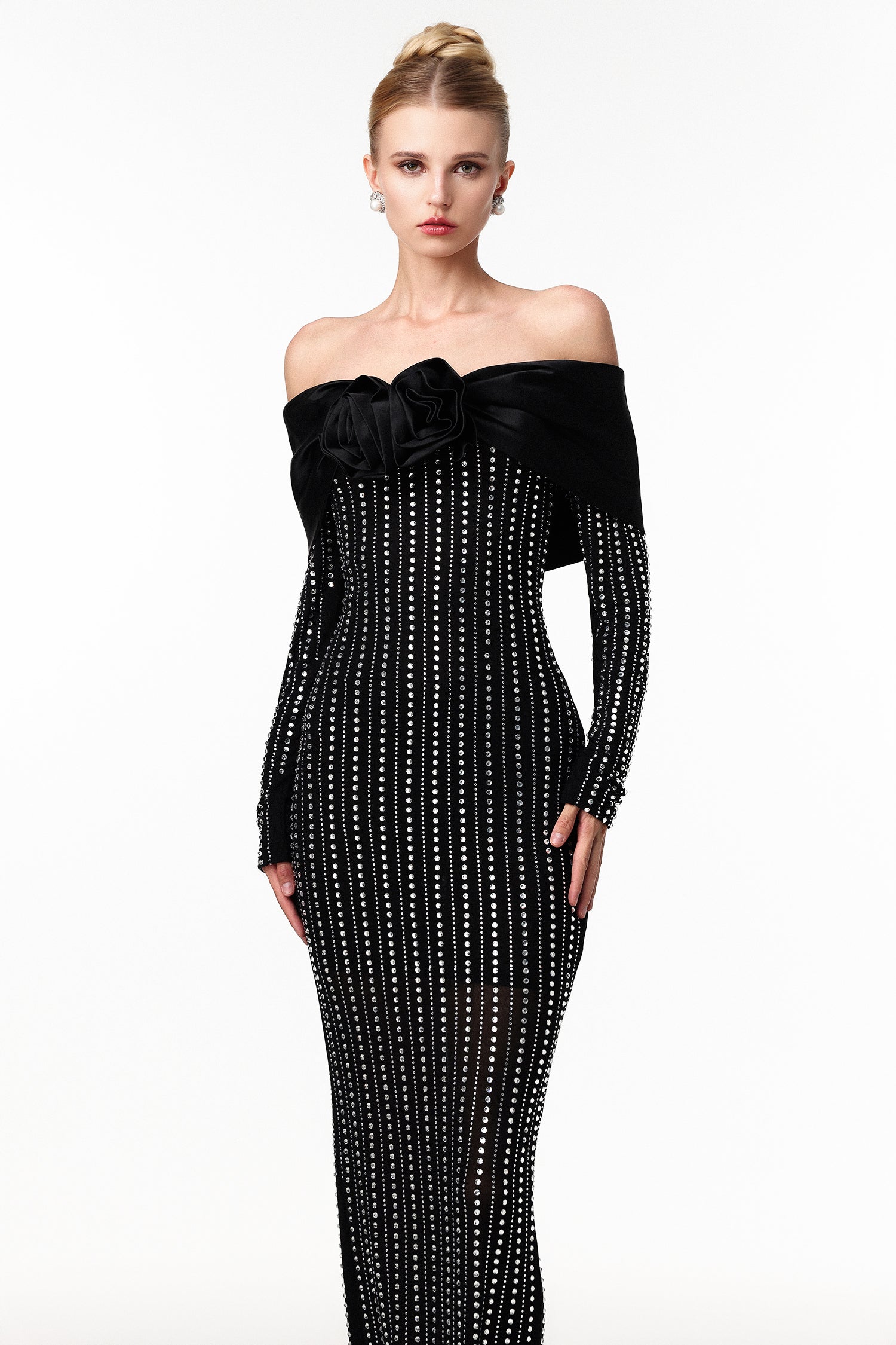 Skye Black Off-Shoulder Maxi Dress with Crystal Embellishments and Floral Mesh Design