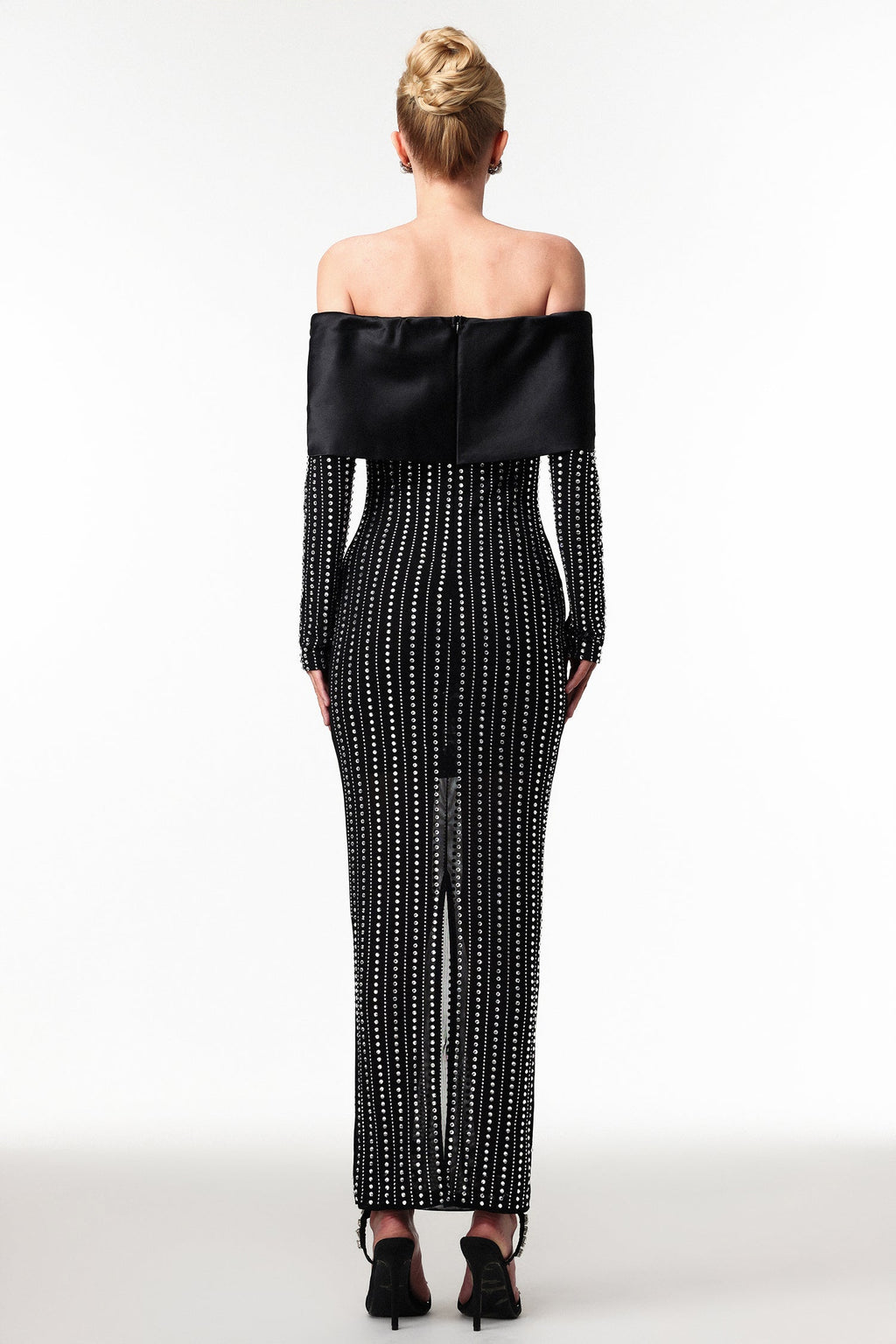 Skye Black Off-Shoulder Maxi Dress with Crystal Embellishments and Floral Mesh Design