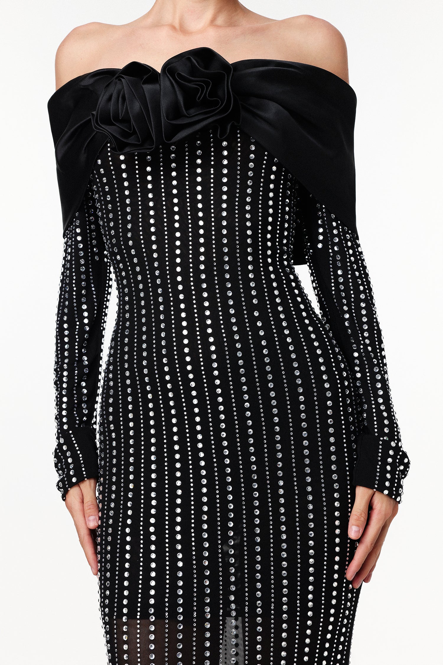 Skye Black Off-Shoulder Maxi Dress with Crystal Embellishments and Floral Mesh Design