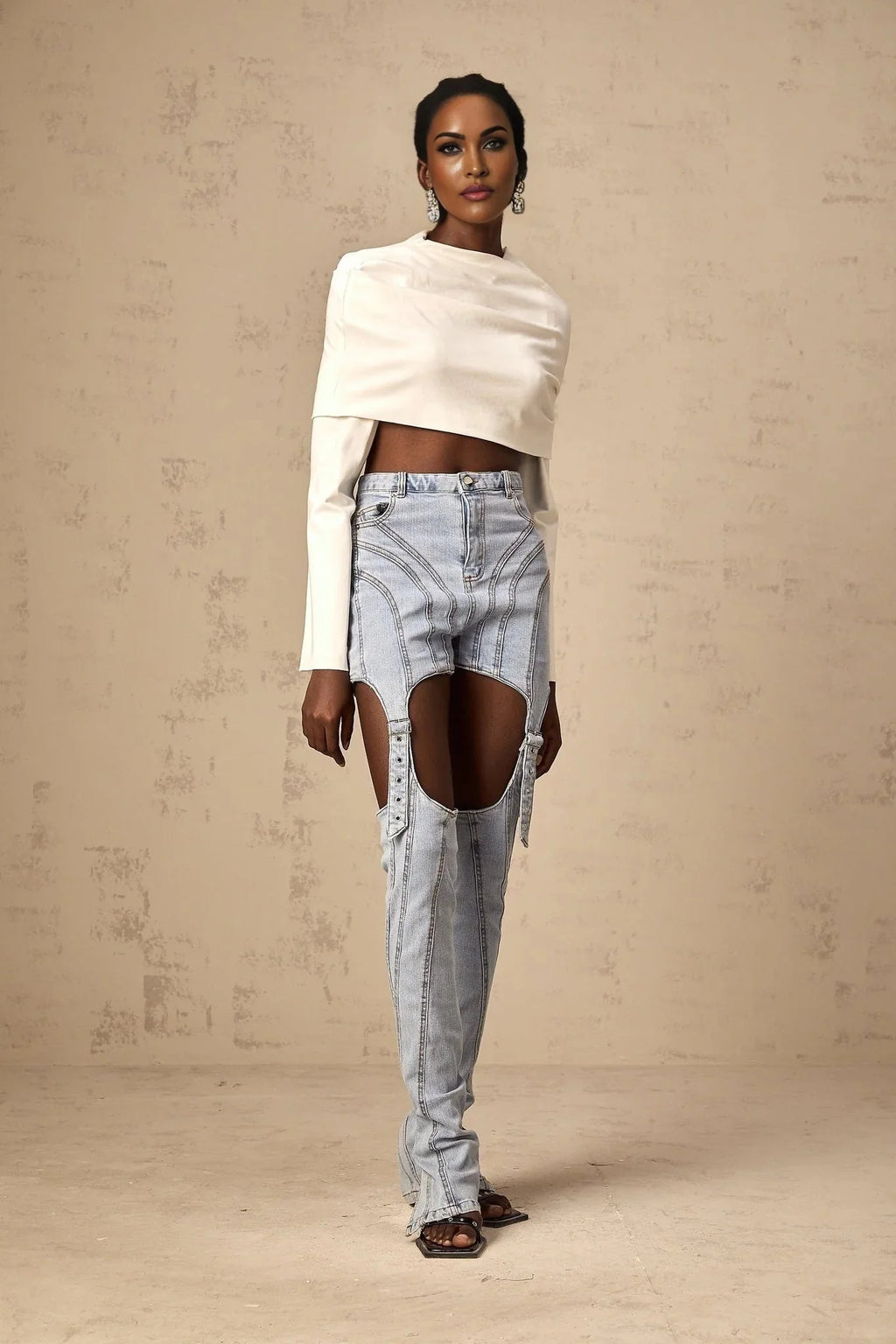 Skye Cropped Top White Ruched Off - shoulder Long Sleeves