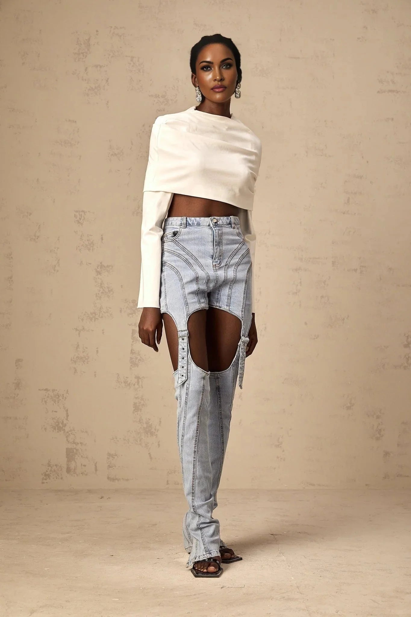 Skye Cropped Top White Ruched Off - shoulder Long Sleeves