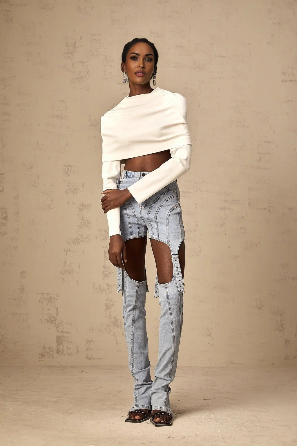 Skye Cropped Top White Ruched Off - shoulder Long Sleeves