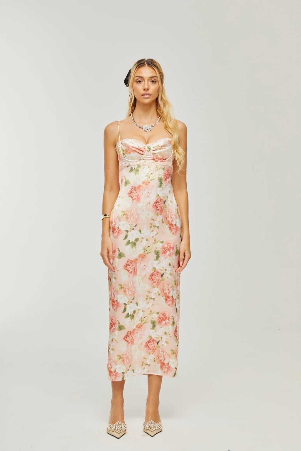 Skye Floral Maxi Dress in Pink Satin with Spaghetti Straps and Rear Slit
