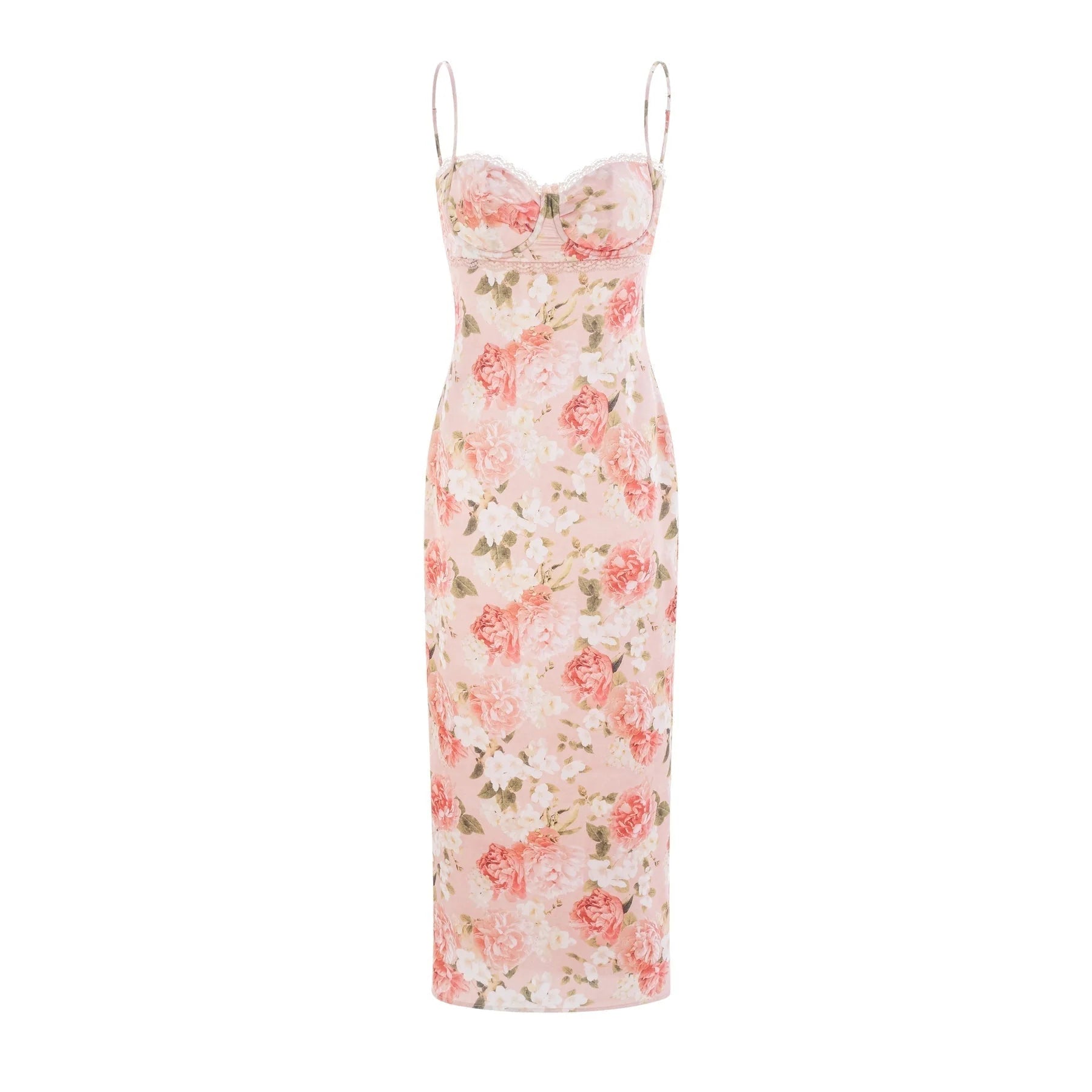 Skye Floral Maxi Dress in Pink Satin with Spaghetti Straps and Rear Slit