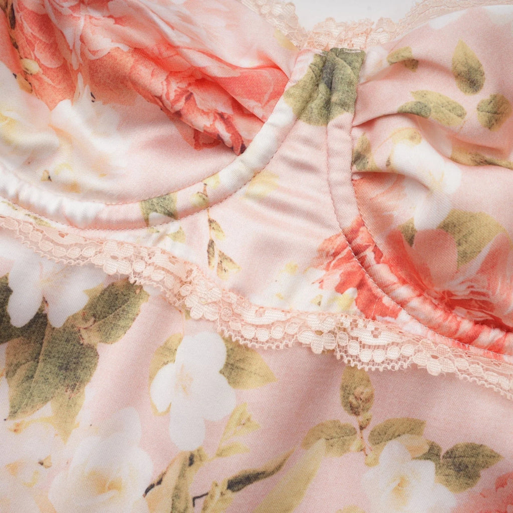 Skye Floral Maxi Dress in Pink Satin with Spaghetti Straps and Rear Slit